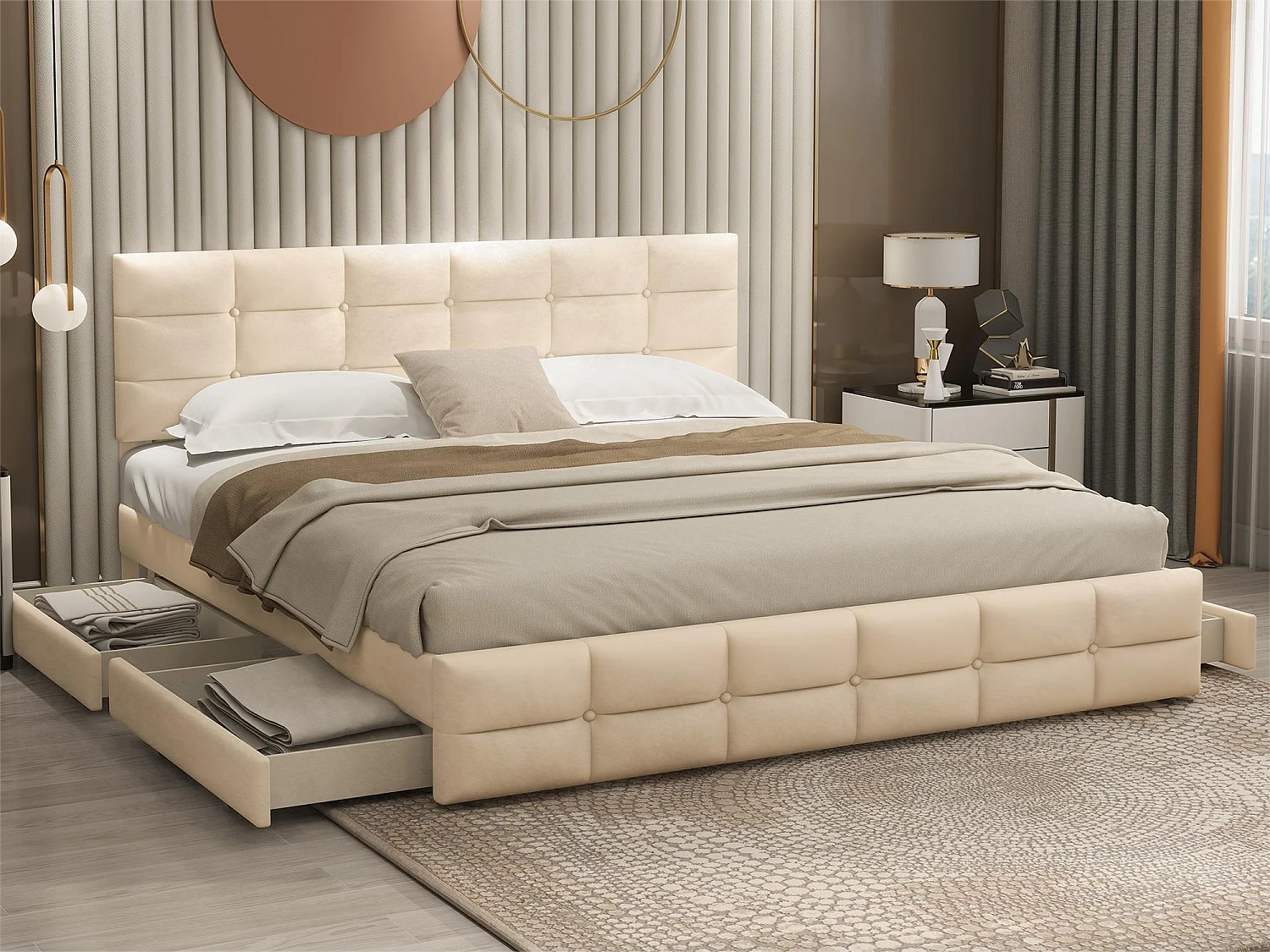 Bed met hoofdeinde en 4 laden - 180 x 200 cm - fluweel - elegante stijl - beige kleur