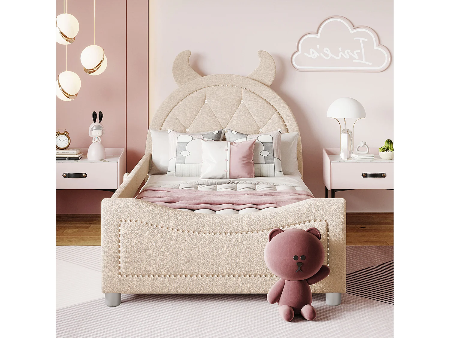 Bed met hoofdeinde - 90 x 200 cm - Franse badstof - inclusief boxspring - kleur beige