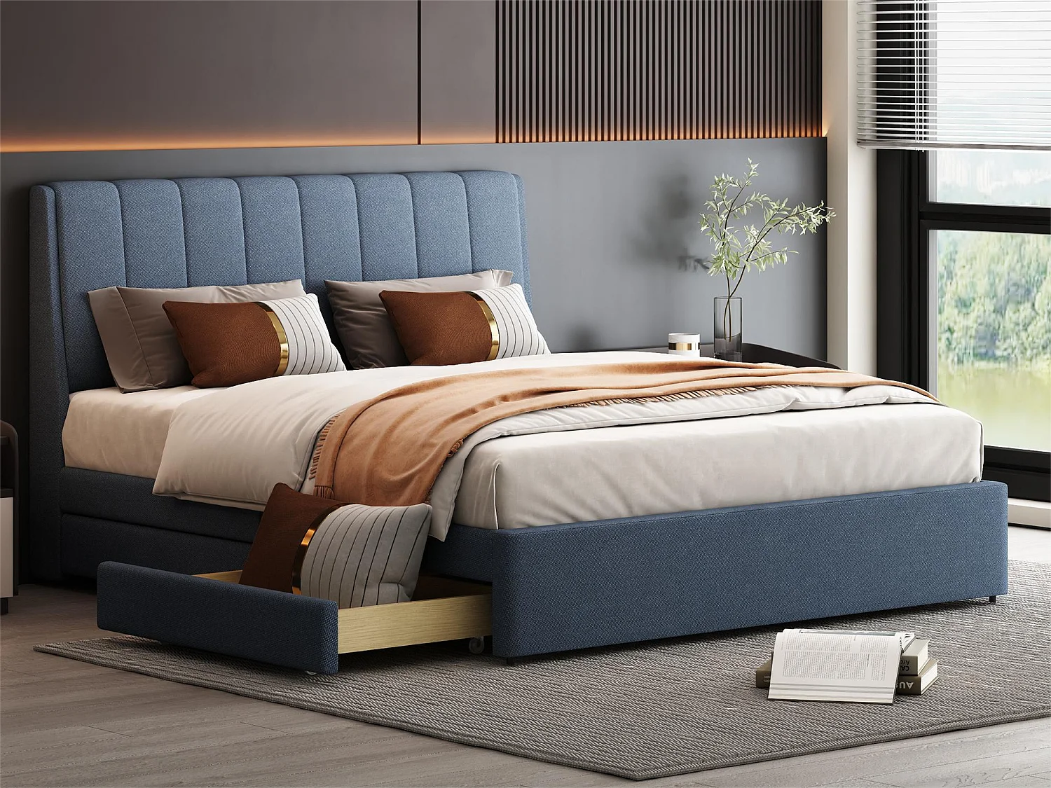 Bed met hoofdeinde - 140 x 200 cm - 4 lades - linnen stof - blauwe kleur