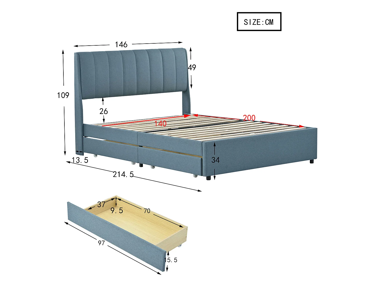 Bed met hoofdeinde - 140 x 200 cm - 4 lades - linnen stof - blauwe kleur