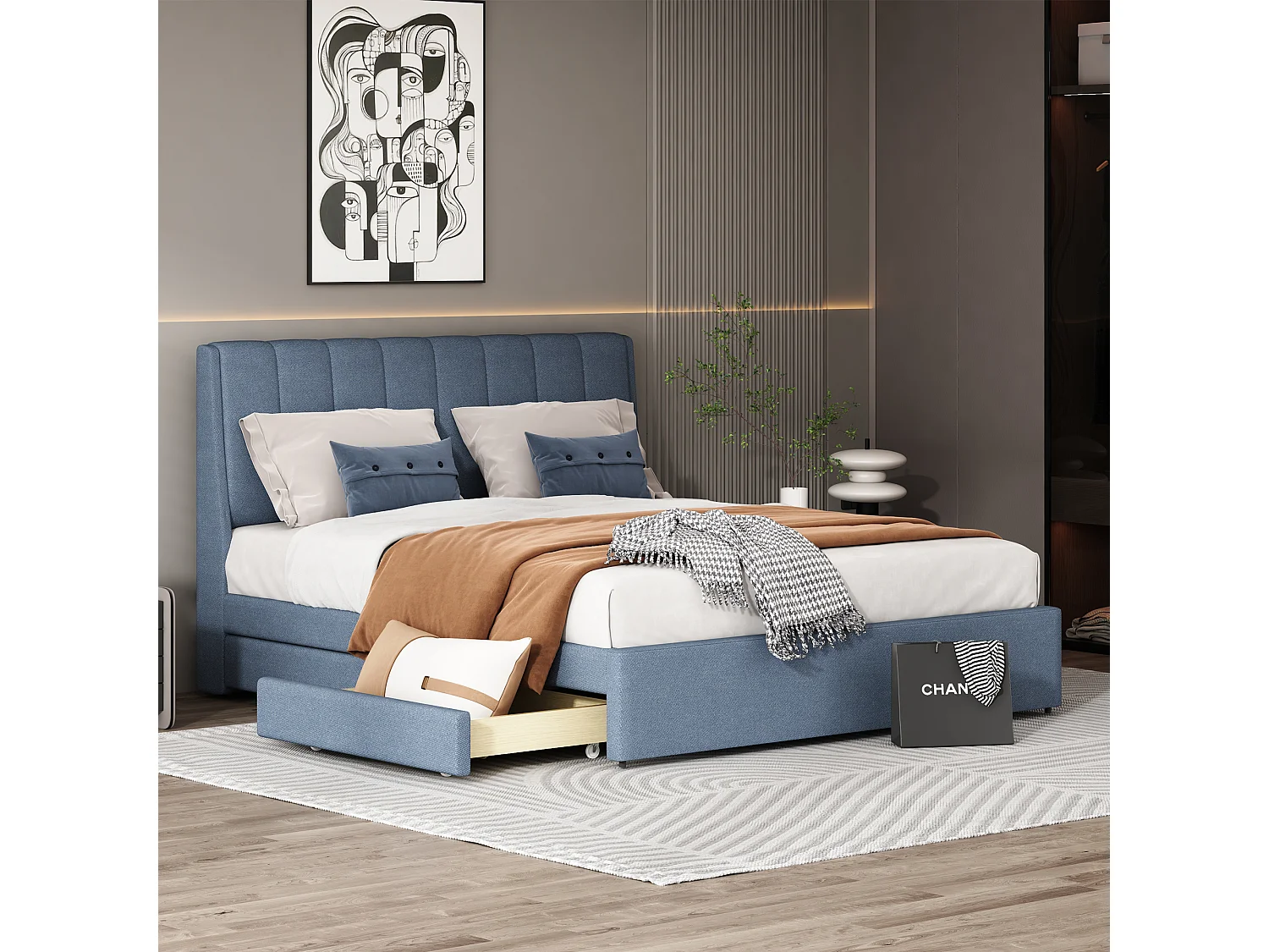 Bed met hoofdeinde - 140 x 200 cm - 4 lades - linnen stof - blauwe kleur