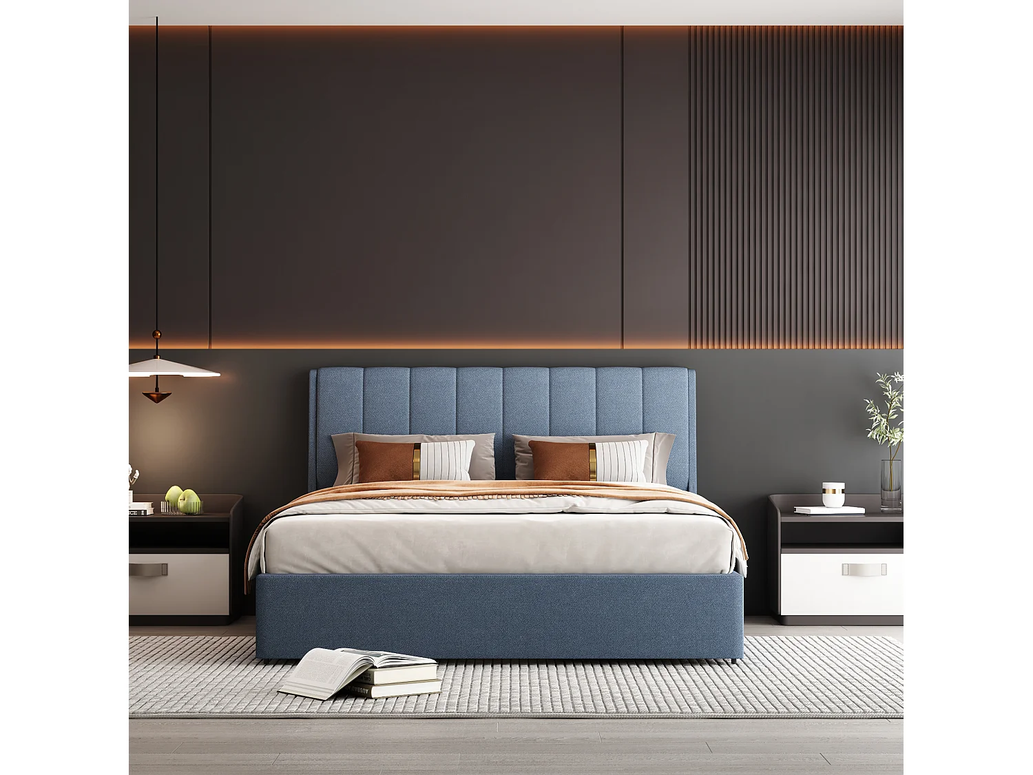 Bed met hoofdeinde - 140 x 200 cm - 4 lades - linnen stof - blauwe kleur