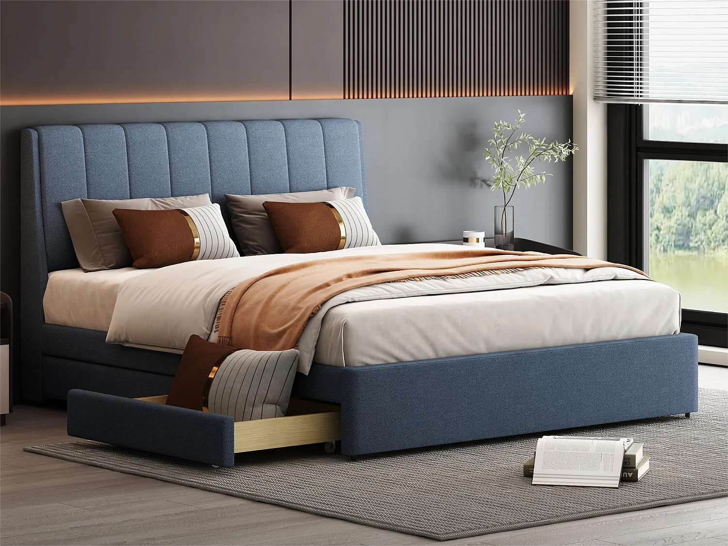 Bed met hoofdeinde - 140 x 200 cm - 4 lades - linnen stof - blauwe kleur