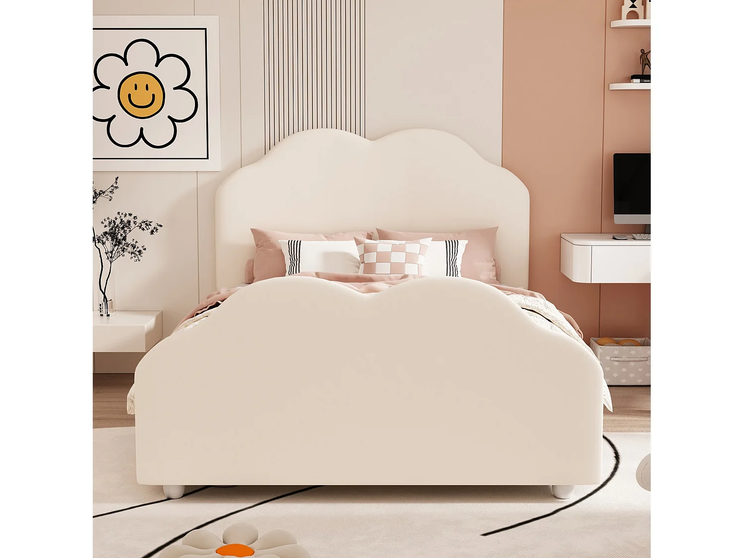 Bed met wolkvormig hoofdeinde 90 x 200 cm - fluweel - voor kinderen - beige kleur