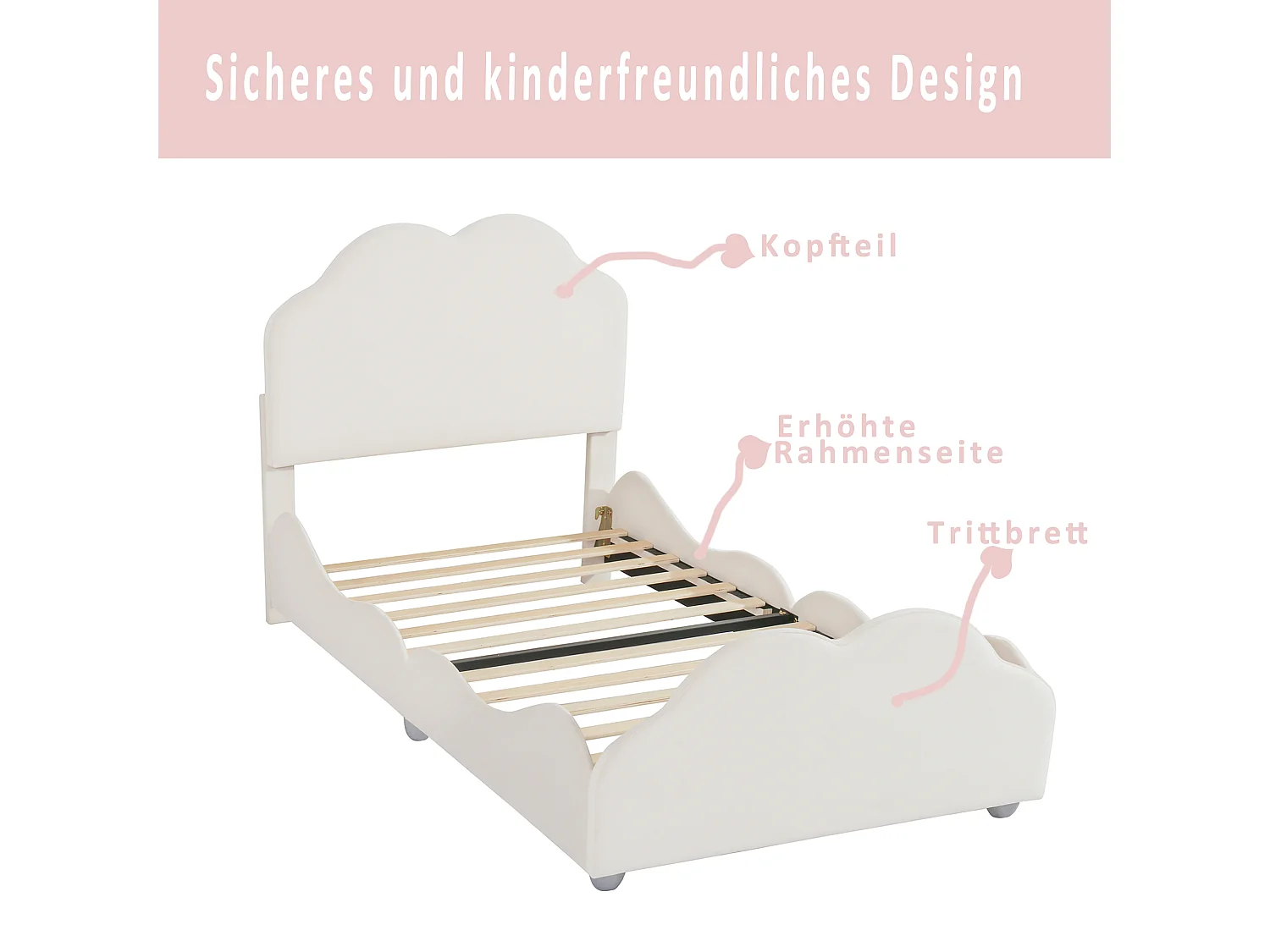Bed met wolkvormig hoofdeinde 90 x 200 cm - fluweel - voor kinderen - beige kleur