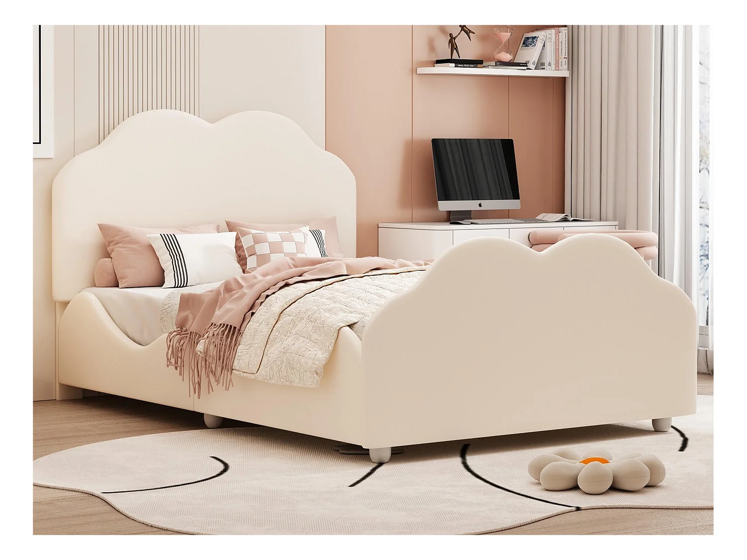 Lit avec tête de lit en forme nuage 90 x 200 cm - velours - pour enfant - coloris beige