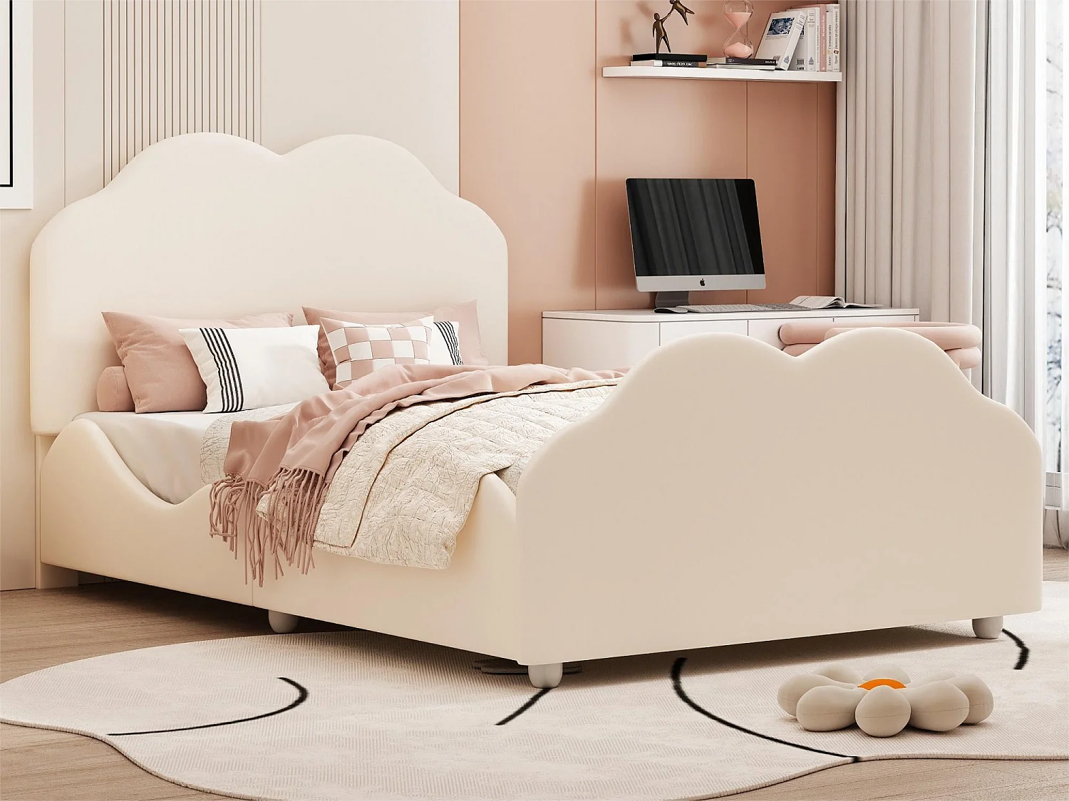 Cama con cabecero en forma de nube 90 x 200 cm - terciopelo - para niños - color beige