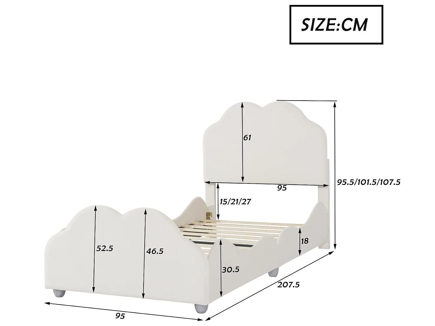 Cama con cabecero en forma de nube 90 x 200 cm - terciopelo - para niños - color beige
