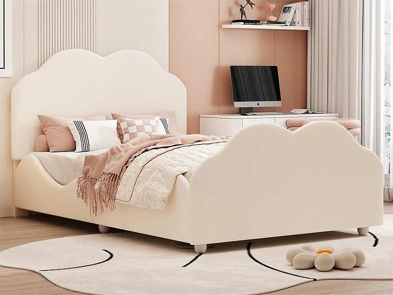 Bett mit wolkenförmigem Kopfteil 90 x 200 cm – Samt – für Kinder – Farbe Beige