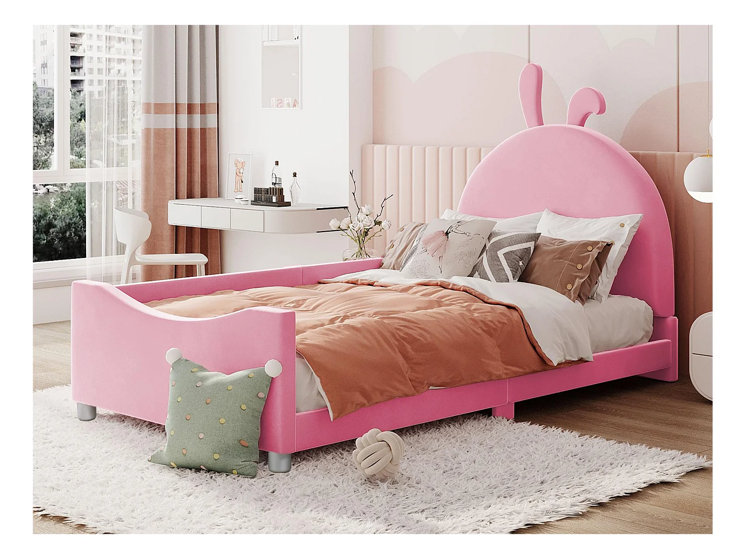 Bett mit Kaninchenkopfteil – 90 x 200 cm – mit Flanell gepolstert – inklusive Boxspringbett – rosa Farbe