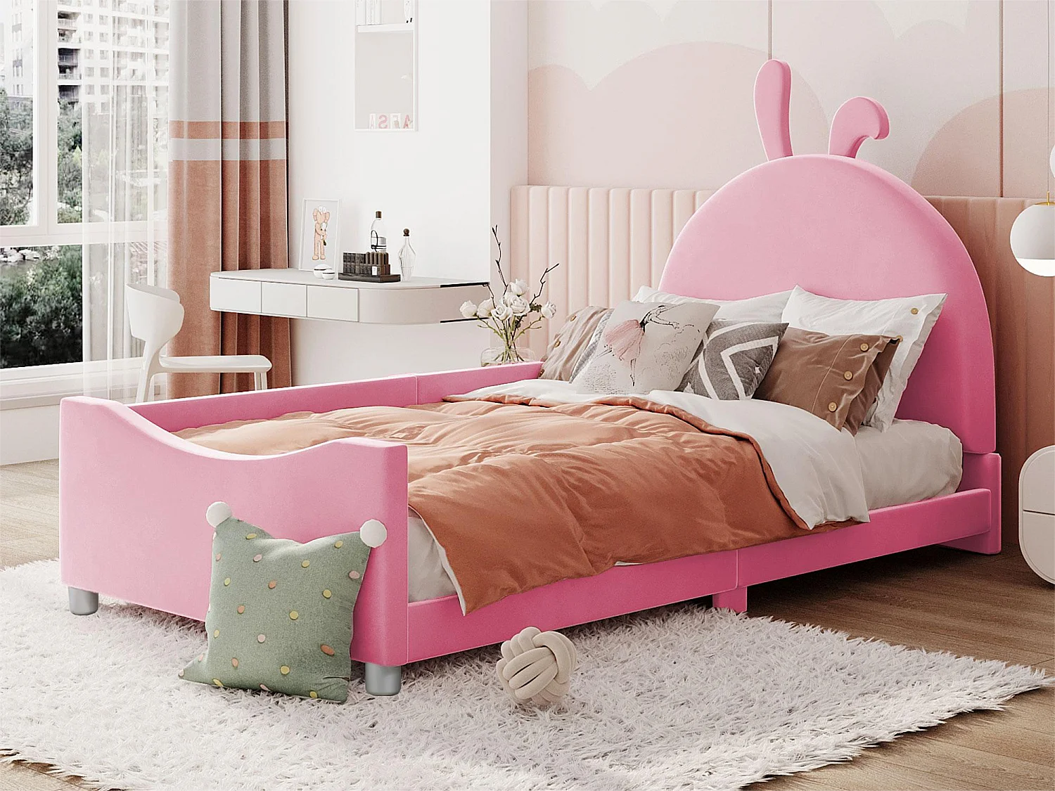 Bett mit Kaninchenkopfteil – 90 x 200 cm – mit Flanell gepolstert – inklusive Boxspringbett – rosa Farbe