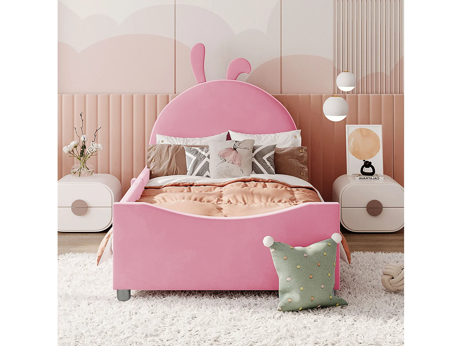 Bett mit Kaninchenkopfteil – 90 x 200 cm – mit Flanell gepolstert – inklusive Boxspringbett – rosa Farbe