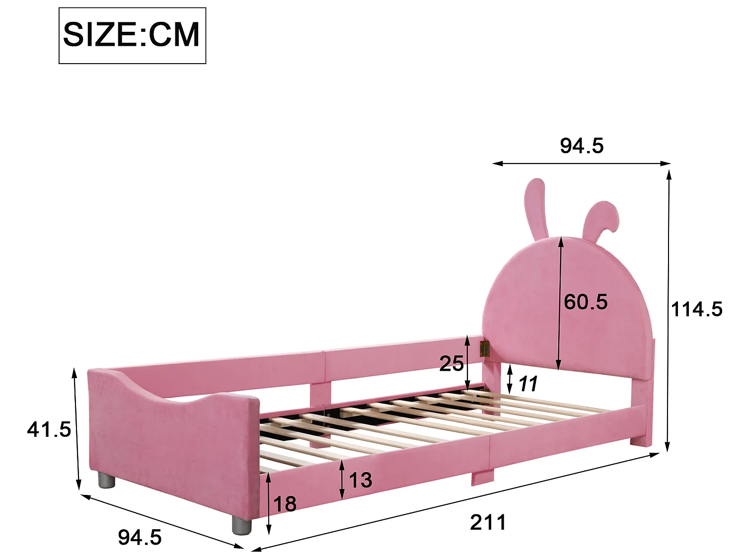 Bett mit Kaninchenkopfteil – 90 x 200 cm – mit Flanell gepolstert – inklusive Boxspringbett – rosa Farbe