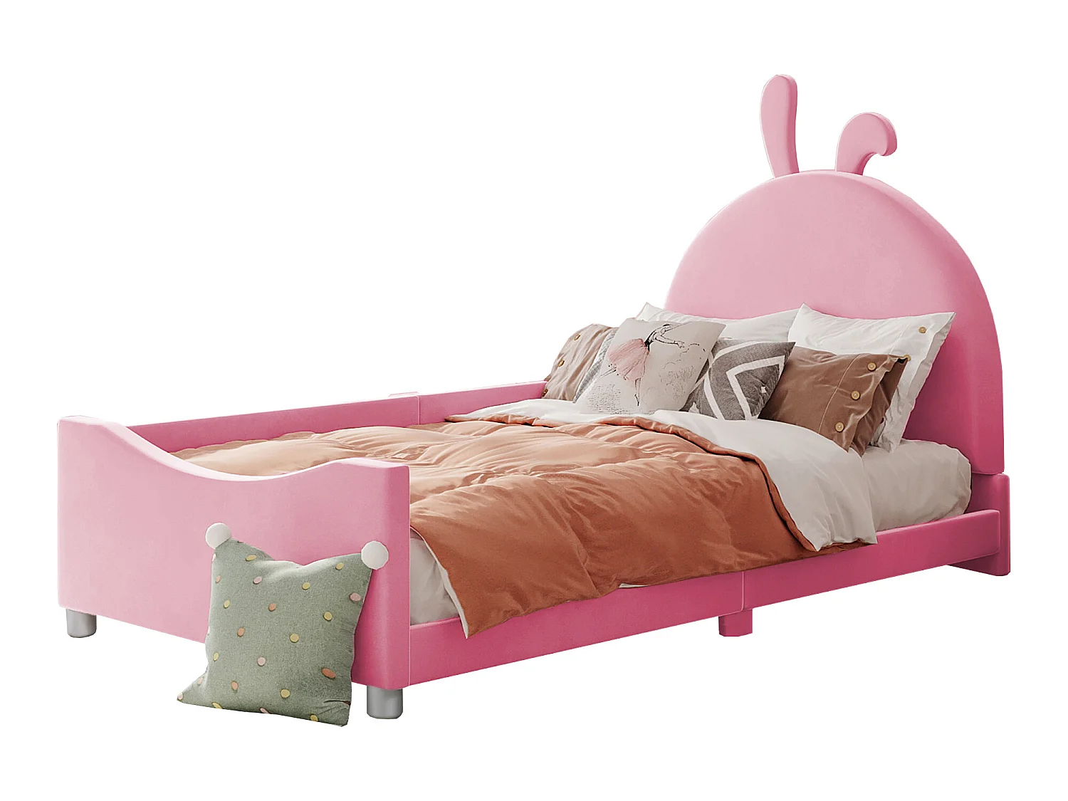 Bett mit Kaninchenkopfteil – 90 x 200 cm – mit Flanell gepolstert – inklusive Boxspringbett – rosa Farbe