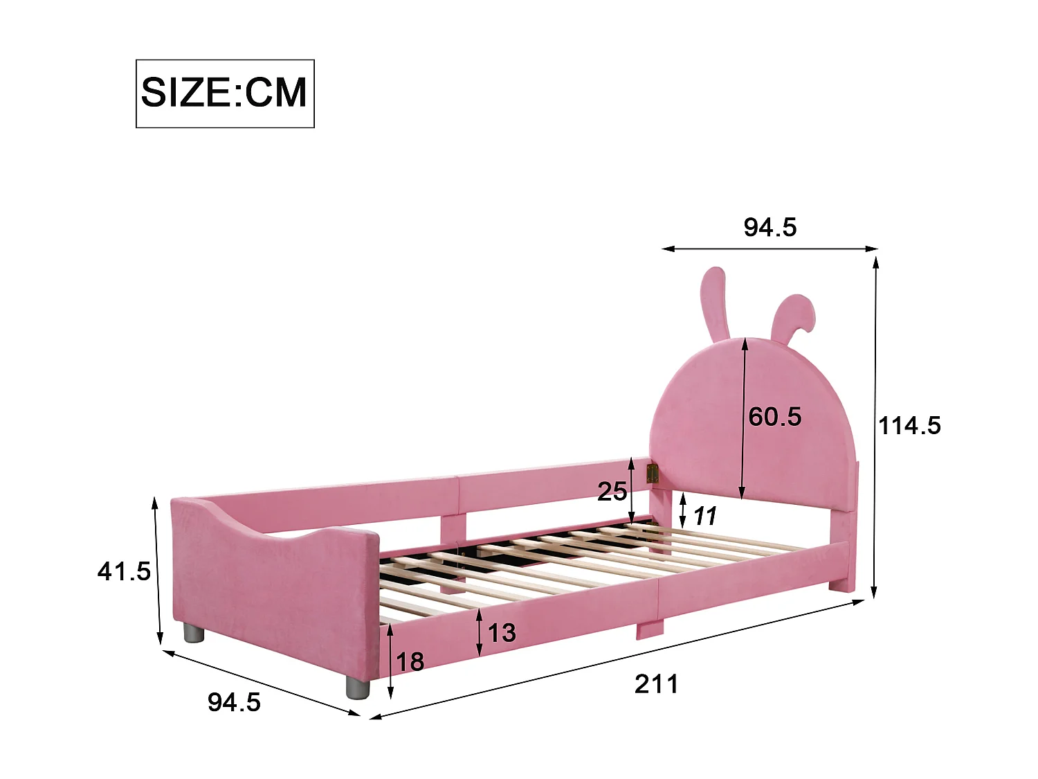 Bett mit Kaninchenkopfteil – 90 x 200 cm – mit Flanell gepolstert – inklusive Boxspringbett – rosa Farbe