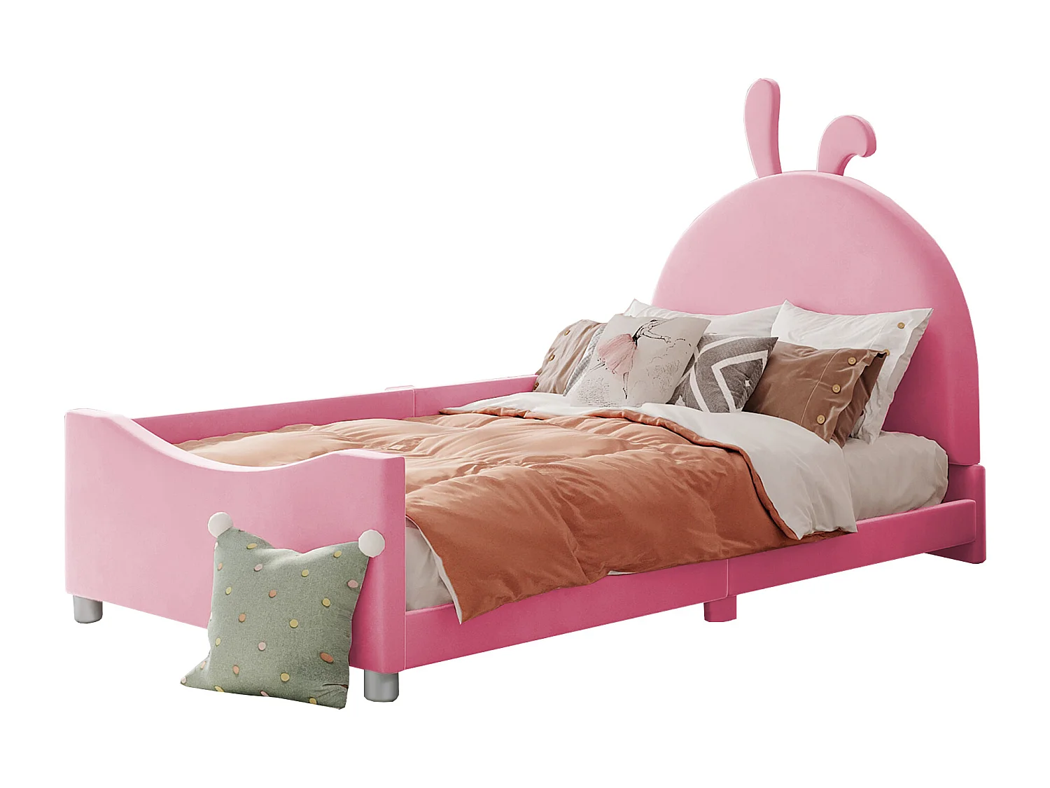 Bett mit Kaninchenkopfteil – 90 x 200 cm – mit Flanell gepolstert – inklusive Boxspringbett – rosa Farbe