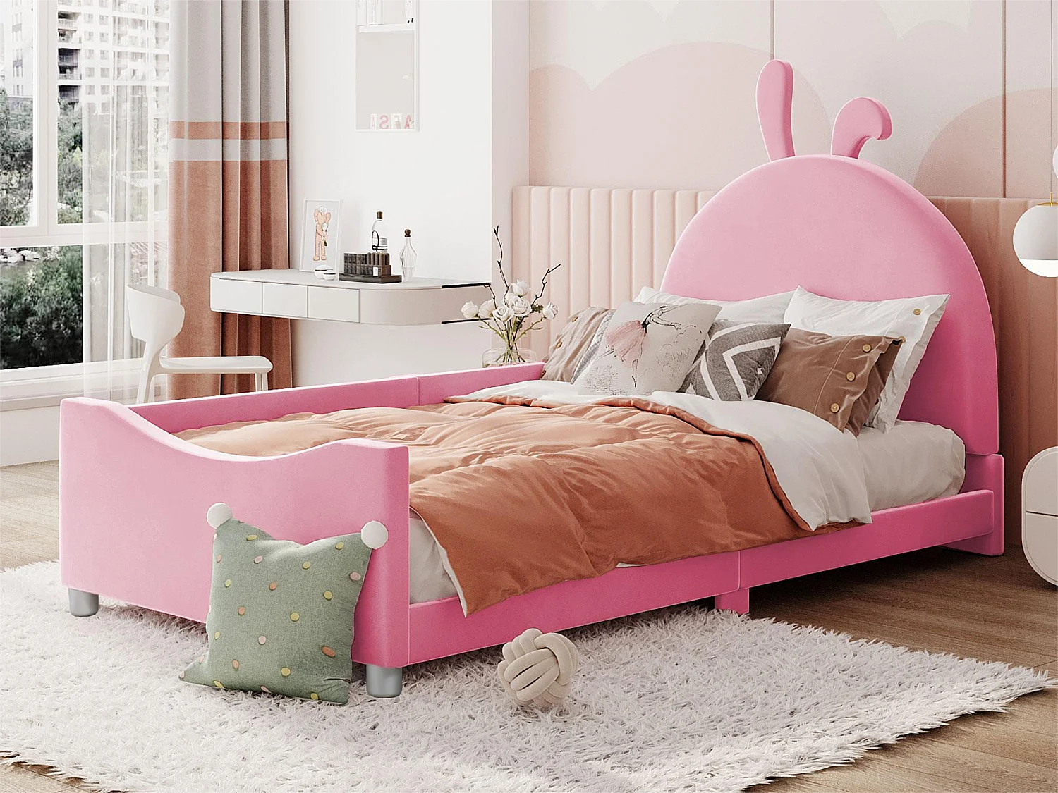 Bett mit Kaninchenkopfteil – 90 x 200 cm – mit Flanell gepolstert – inklusive Boxspringbett – rosa Farbe