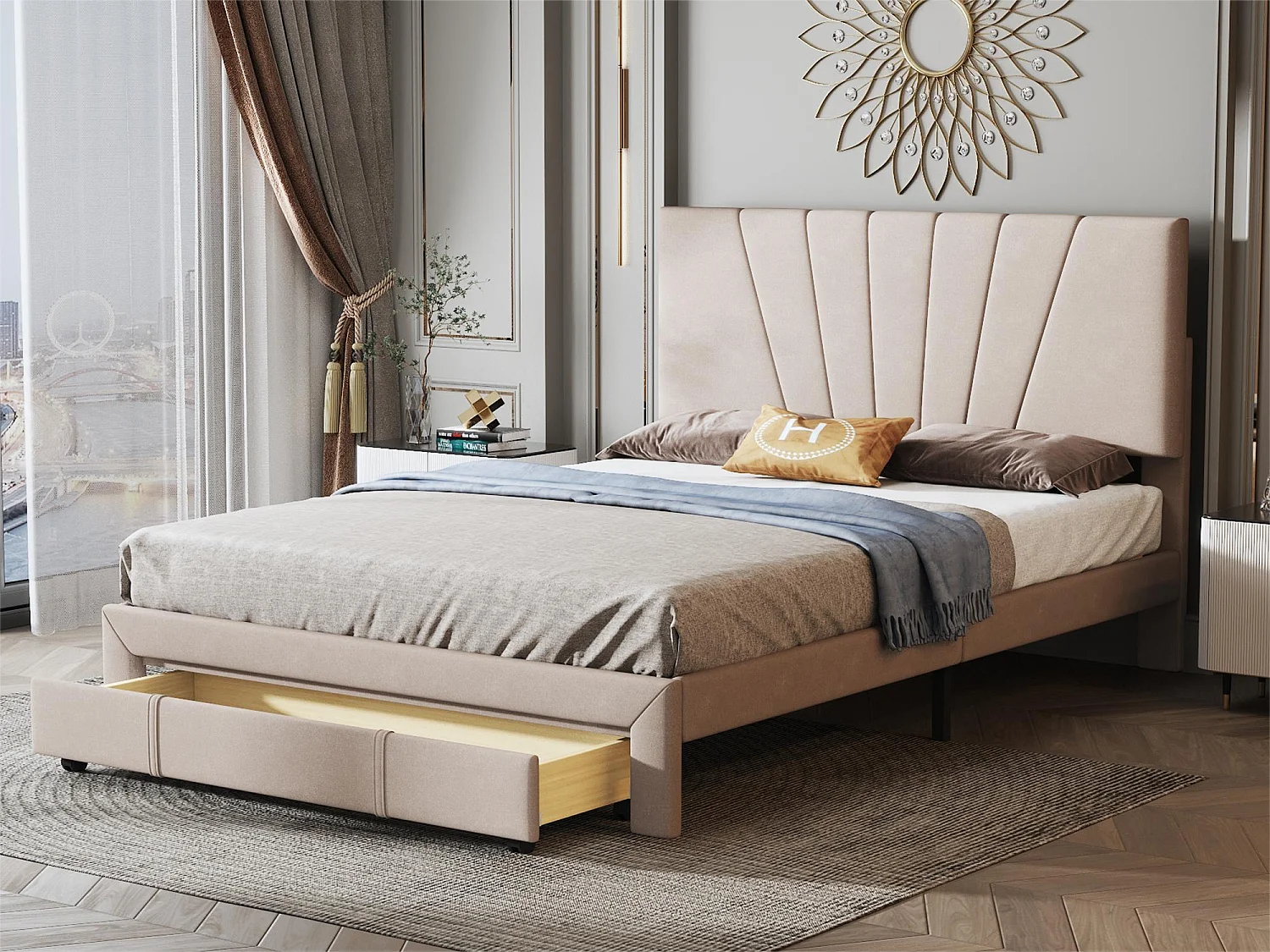 Bed met verstelbaar hoofdeinde - 140 x 200 cm - grote lade - fluweel - kleur donkerbeige