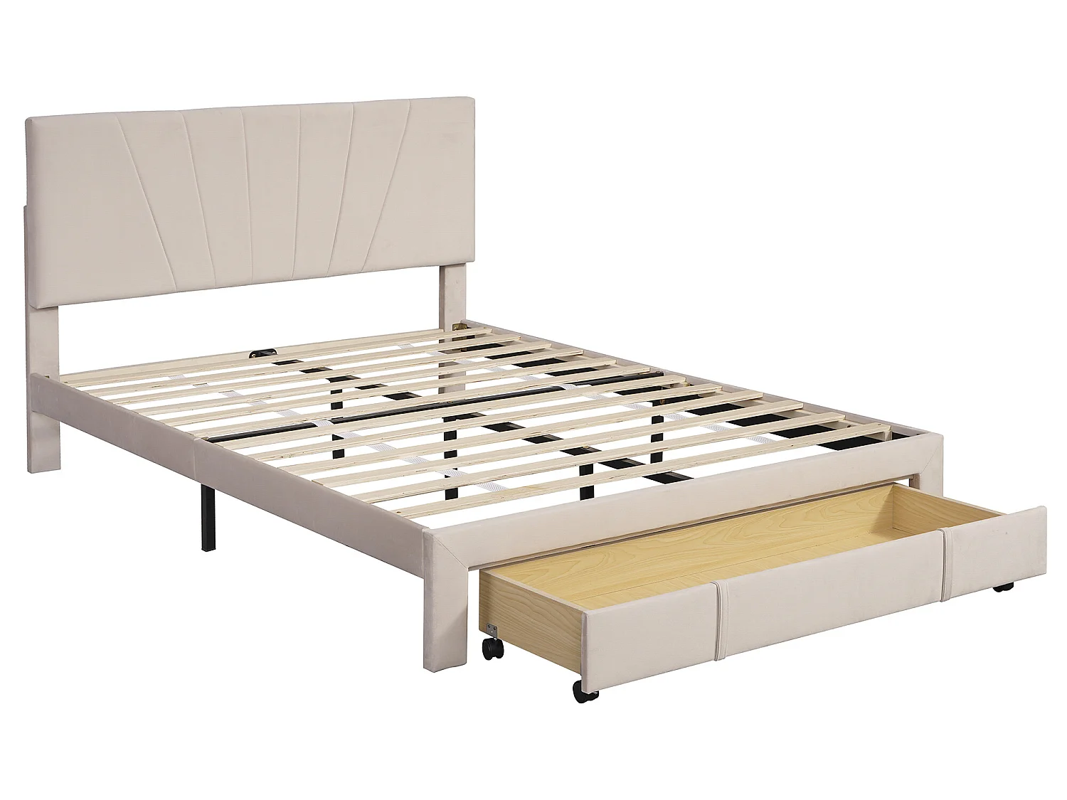 Bed met verstelbaar hoofdeinde - 140 x 200 cm - grote lade - fluweel - kleur donkerbeige