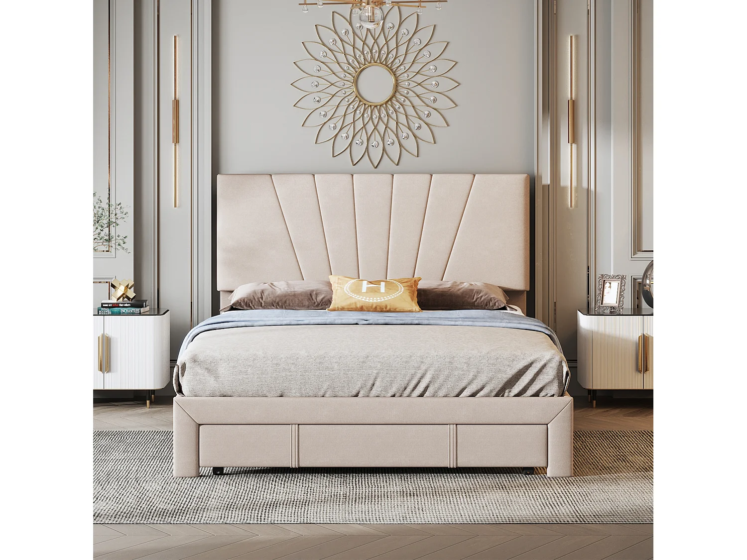Bed met verstelbaar hoofdeinde - 140 x 200 cm - grote lade - fluweel - kleur donkerbeige