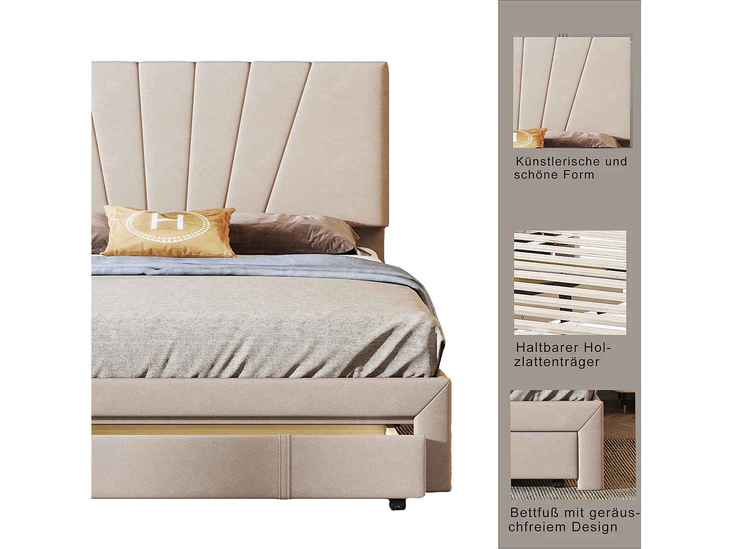 Bed met verstelbaar hoofdeinde - 140 x 200 cm - grote lade - fluweel - kleur donkerbeige