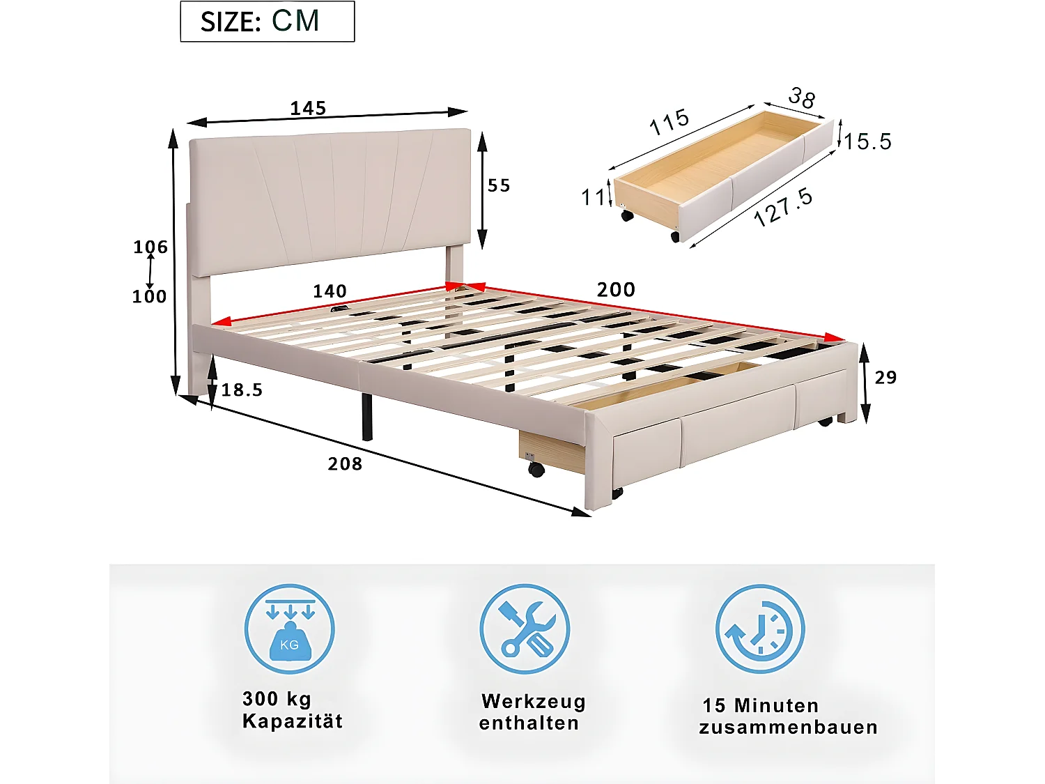Bed met verstelbaar hoofdeinde - 140 x 200 cm - grote lade - fluweel - kleur donkerbeige