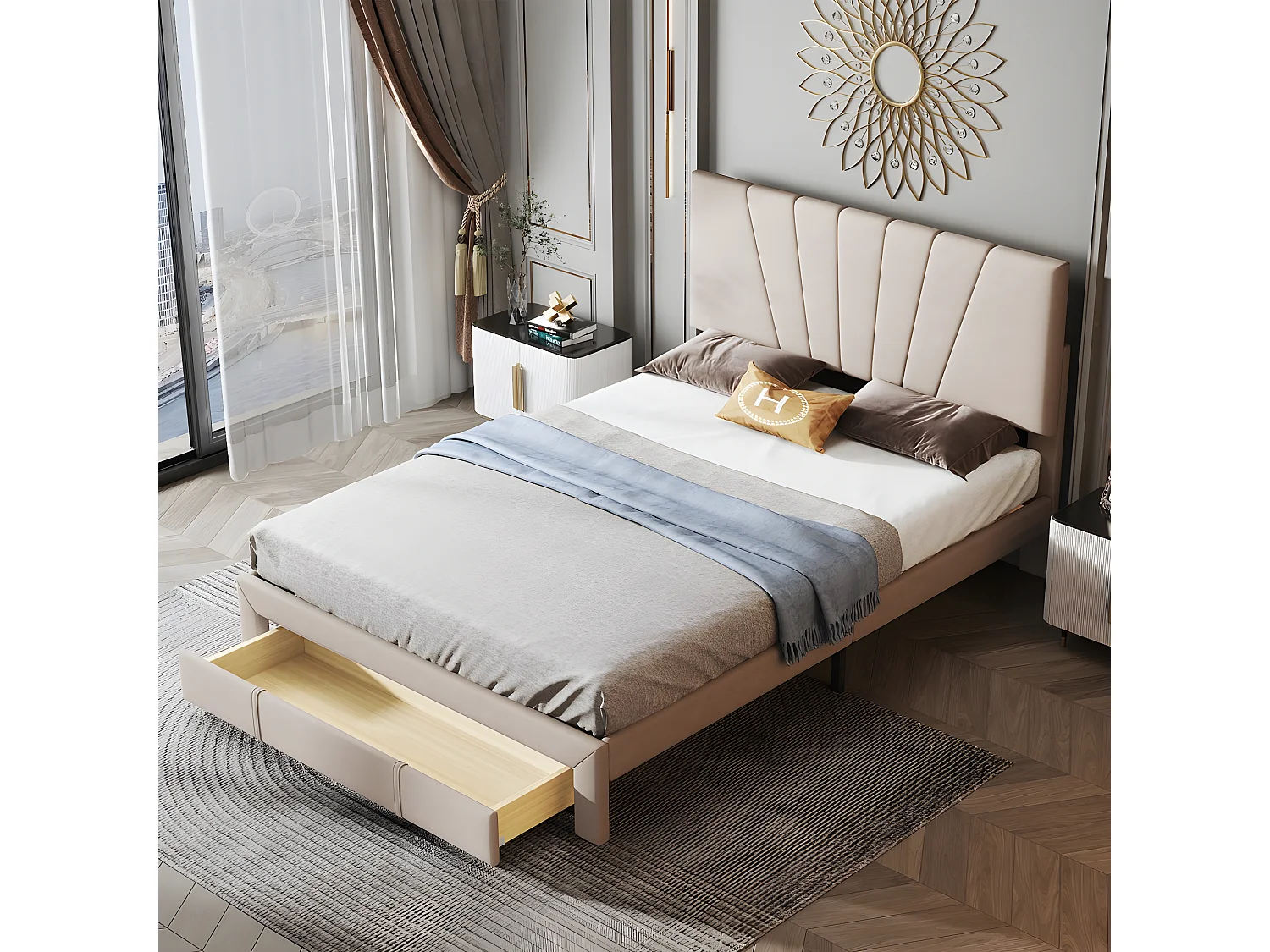 Bed met verstelbaar hoofdeinde - 140 x 200 cm - grote lade - fluweel - kleur donkerbeige