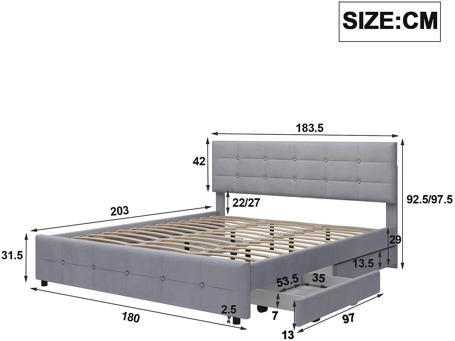 Bed met hoofdeinde en 4 laden - 180 x 200 cm - fluweel - elegante stijl - grijze kleur