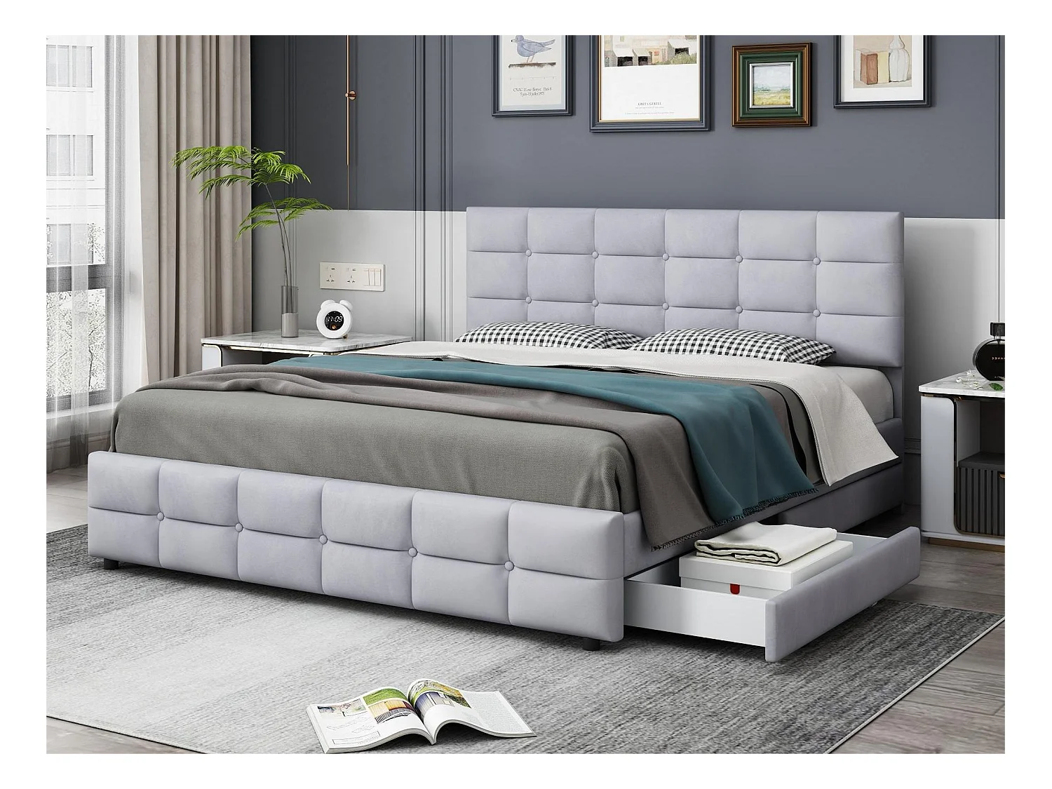 Lit avec tête de lit et 4 tiroirs - 180 x 200 cm - velours - style élégant - coloris gris