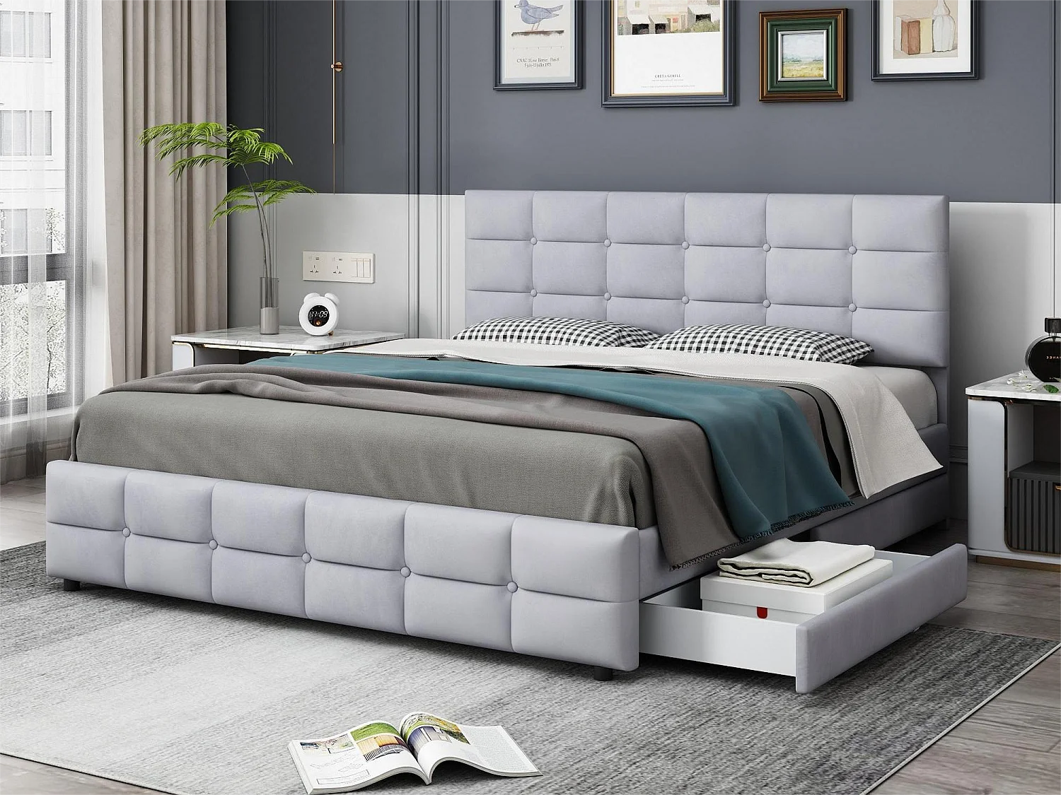 Bed met hoofdeinde en 4 laden - 180 x 200 cm - fluweel - elegante stijl - grijze kleur