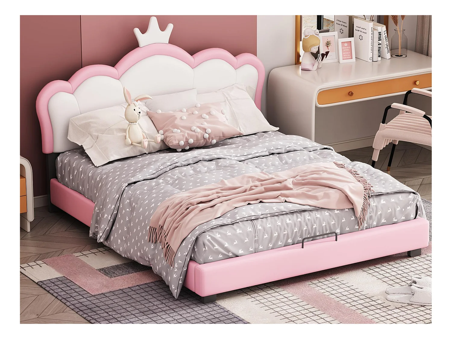 Lit avec tête de lit en forme couronne 140 x 200 cm - cuir PU - pour enfant - coloris rose