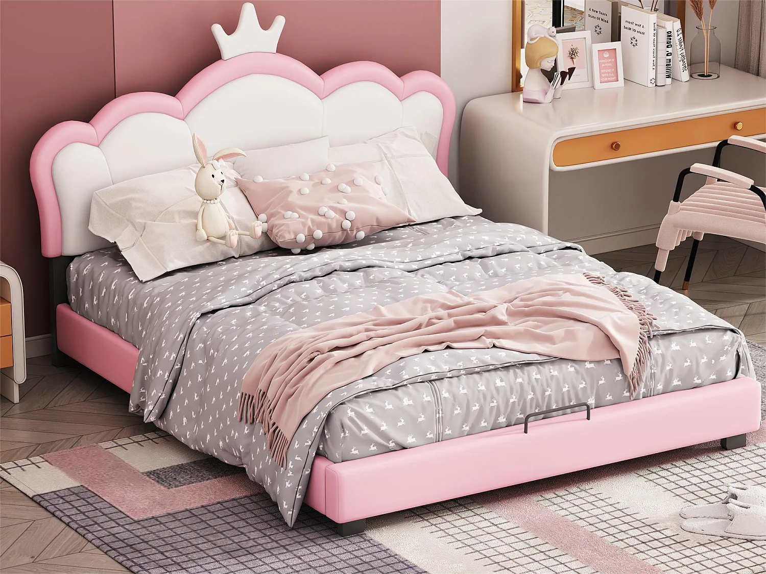 Lit avec tête de lit en forme couronne 140 x 200 cm - cuir PU - pour enfant - coloris rose