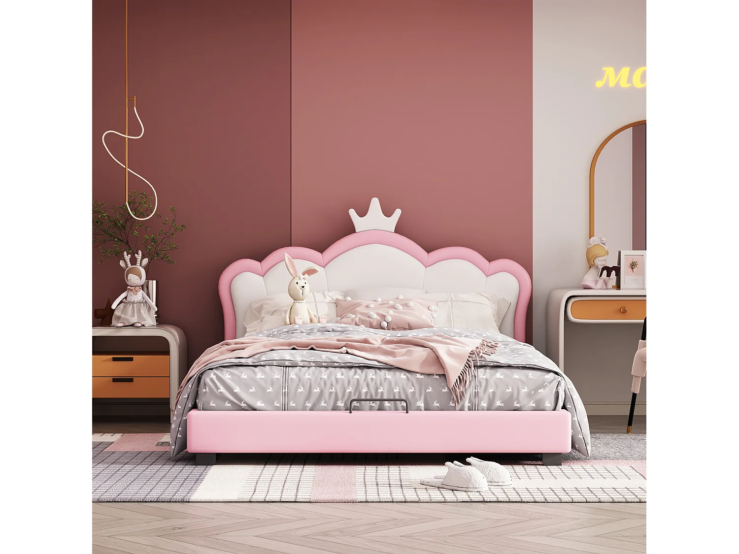 Lit avec tête de lit en forme couronne 140 x 200 cm - cuir PU - pour enfant - coloris rose