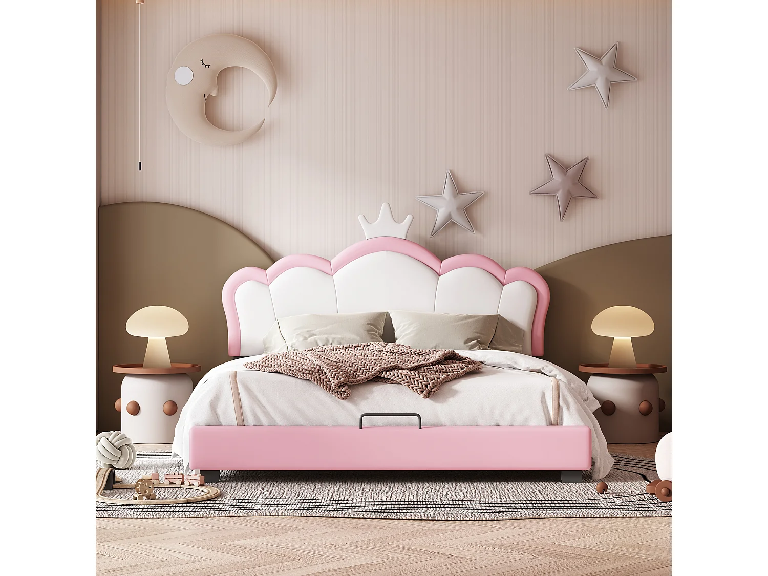 Lit avec tête de lit en forme couronne 140 x 200 cm - cuir PU - pour enfant - coloris rose