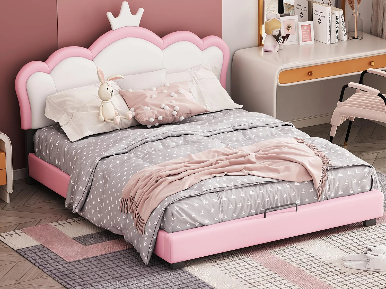 Lit avec tête de lit en forme couronne 140 x 200 cm - cuir PU - pour enfant - coloris rose