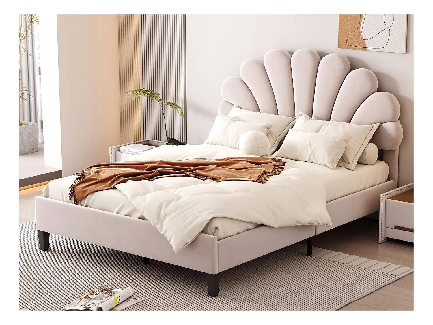 Lit coquillage avec tête de lit 140 x 200 cm en velours, sommier à lattes inclus, beige