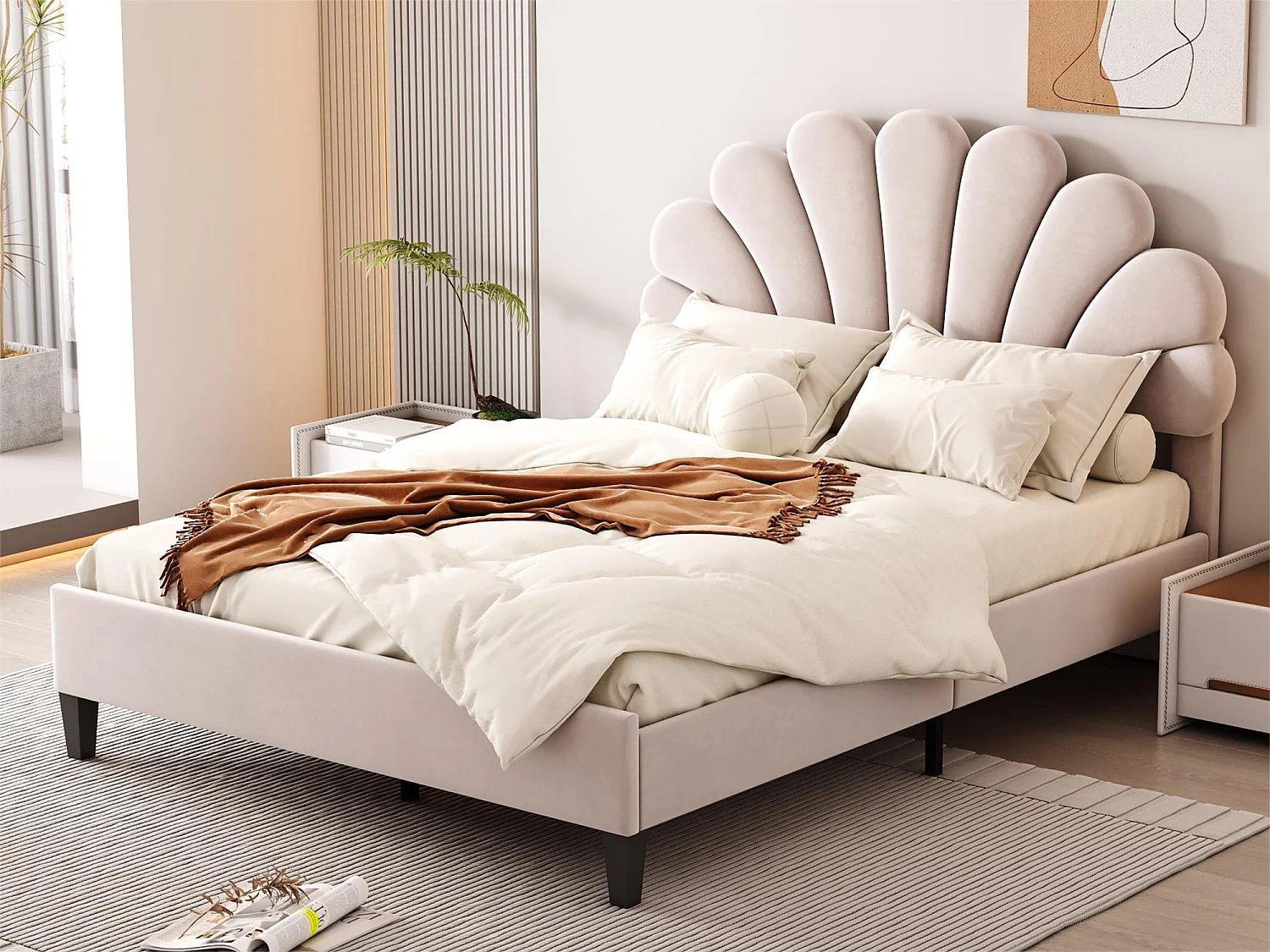 Cama Shell con cabecero 140 x 200 cm de terciopelo, somier incluido, beige