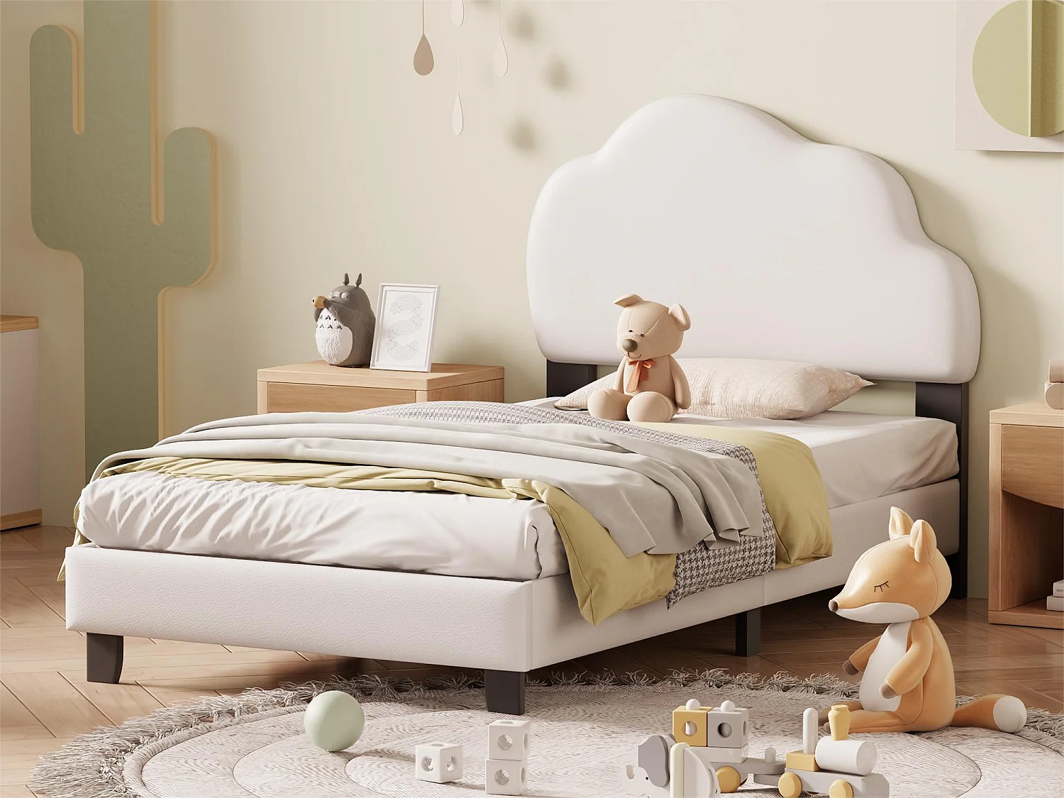 Bett mit Wolkenkopfteil – 90 x 200 cm – PU-Leder – Boxspring inklusive – Farbe Beige