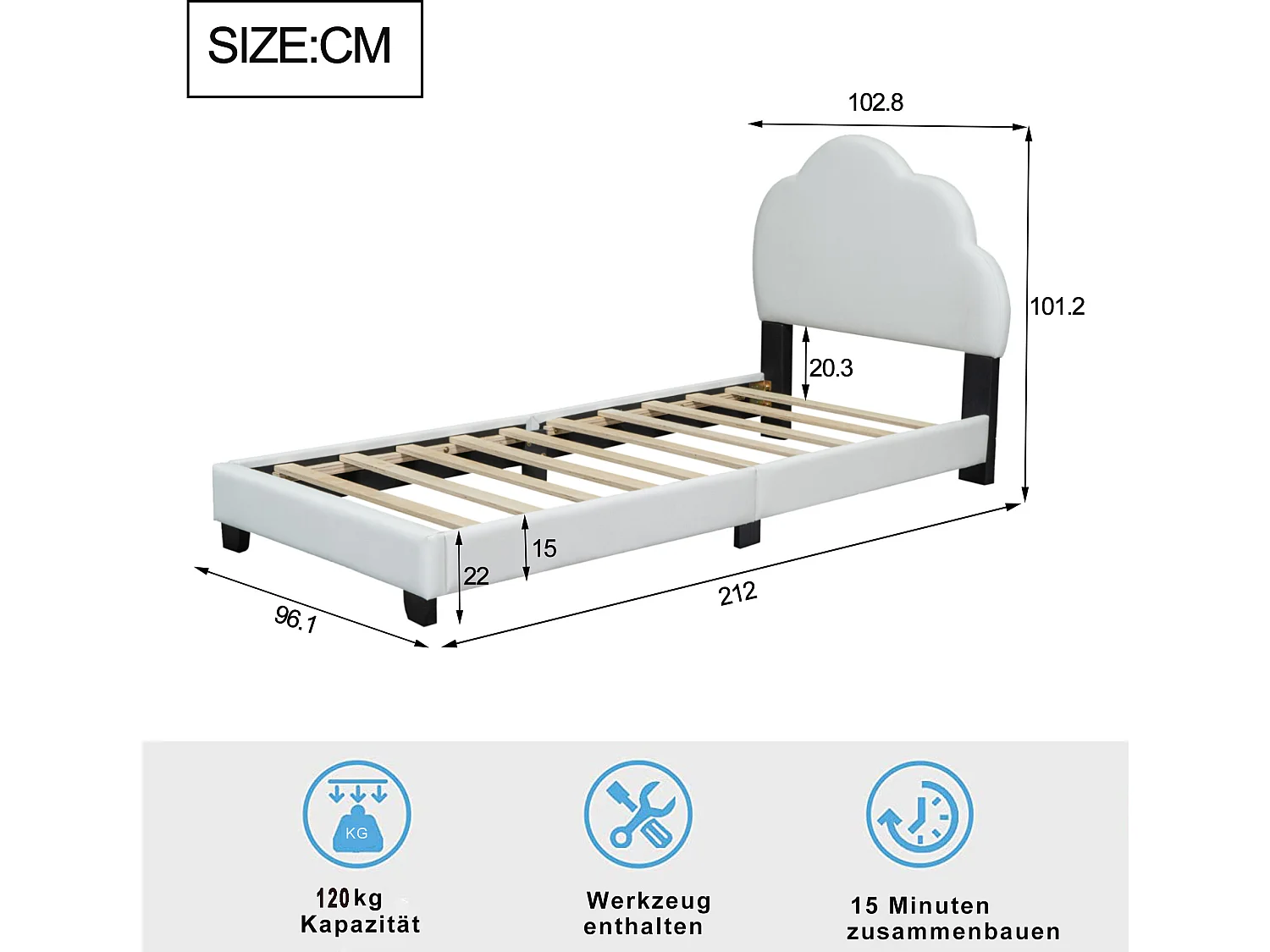 Bett mit Wolkenkopfteil – 90 x 200 cm – PU-Leder – Boxspring inklusive – Farbe Beige