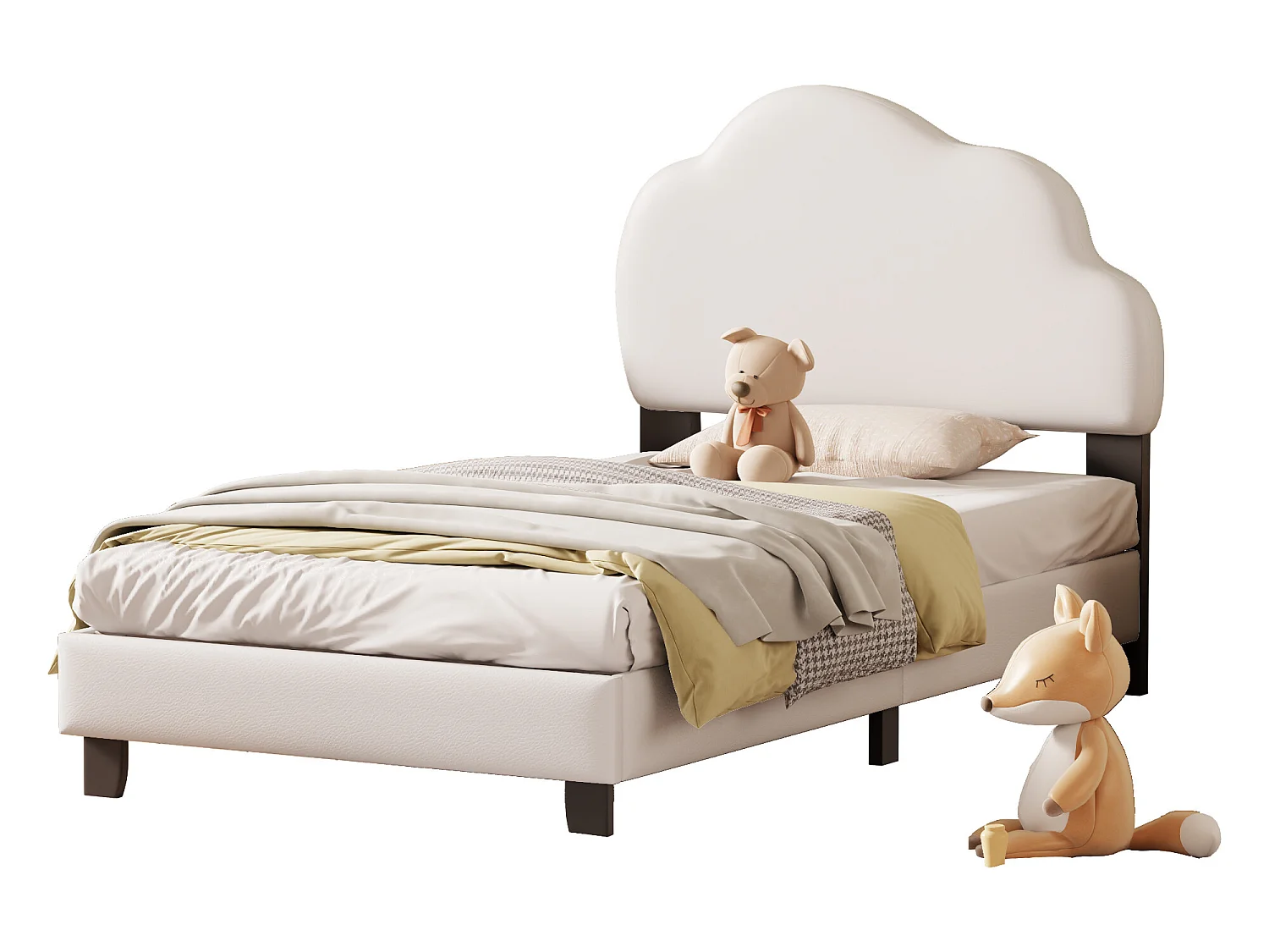 Bett mit Wolkenkopfteil – 90 x 200 cm – PU-Leder – Boxspring inklusive – Farbe Beige