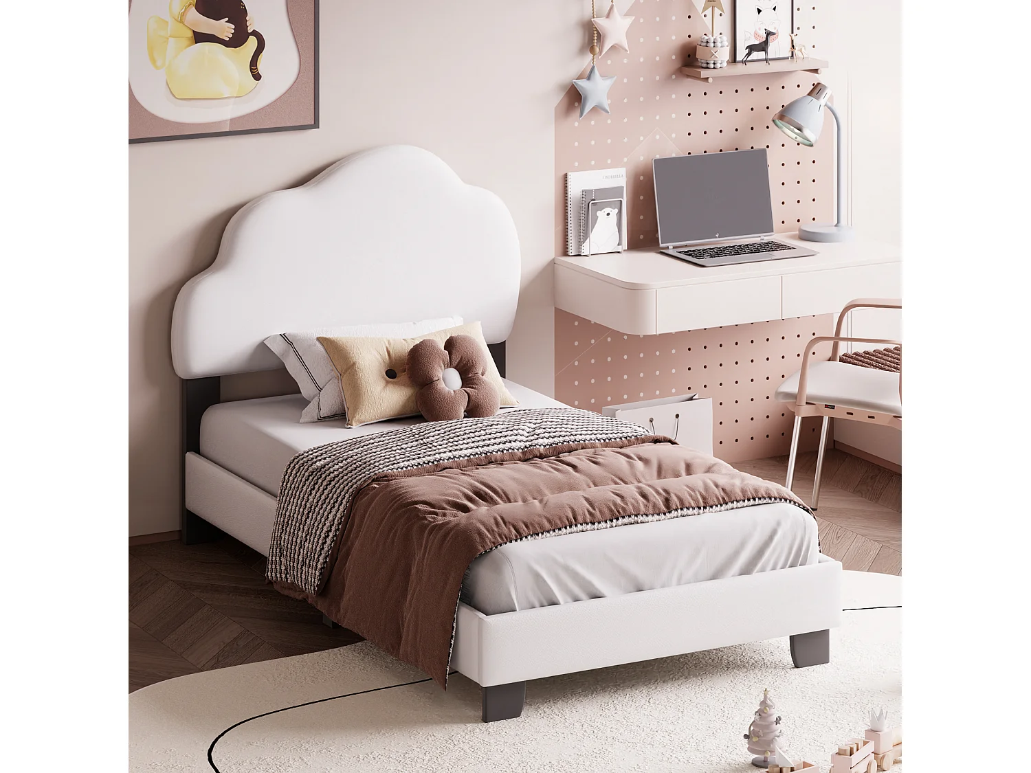 Bett mit Wolkenkopfteil – 90 x 200 cm – PU-Leder – Boxspring inklusive – Farbe Beige