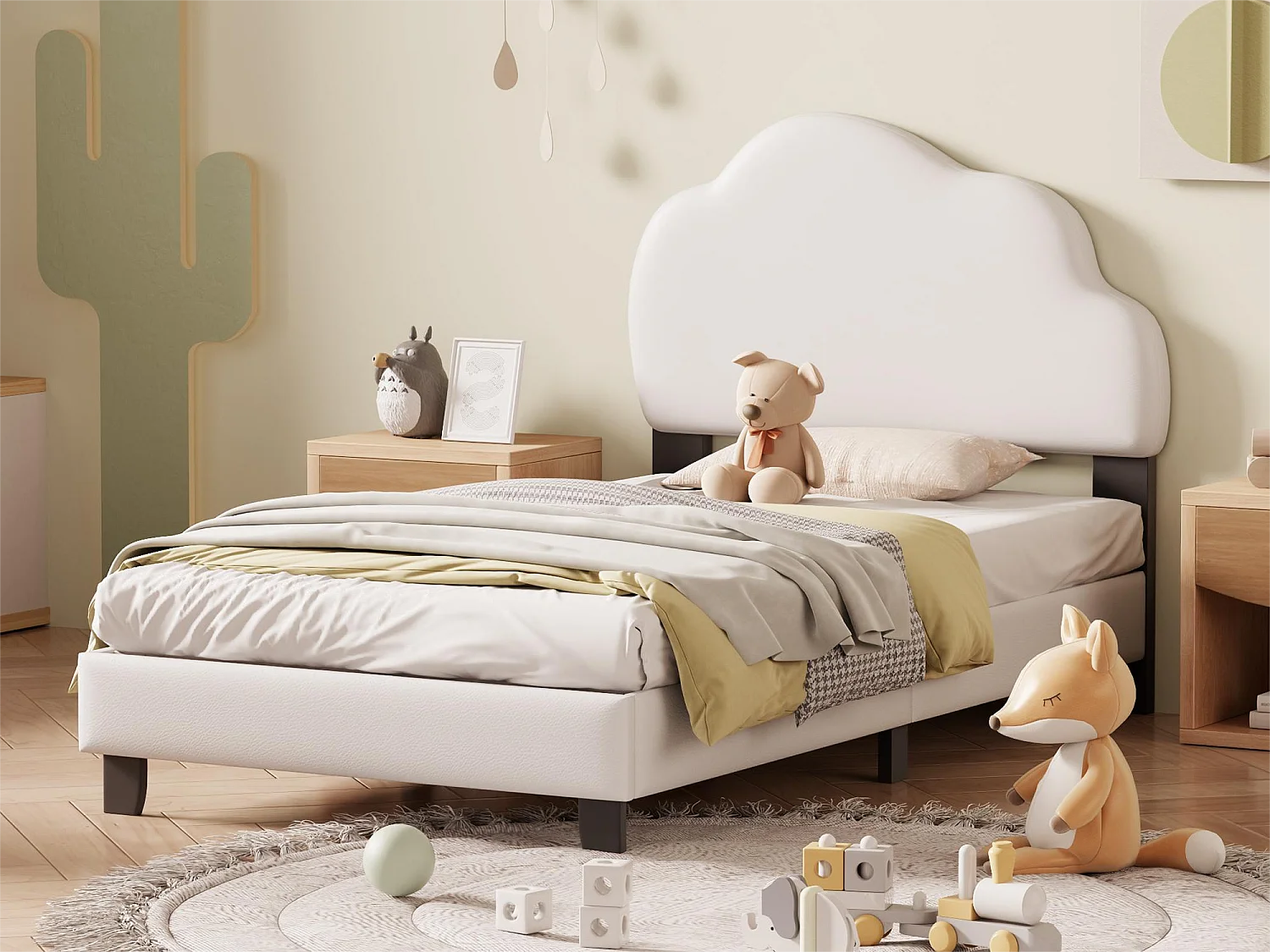 Cama con cabecero nube - 90 x 200 cm - Polipiel - somier incluido - color beige