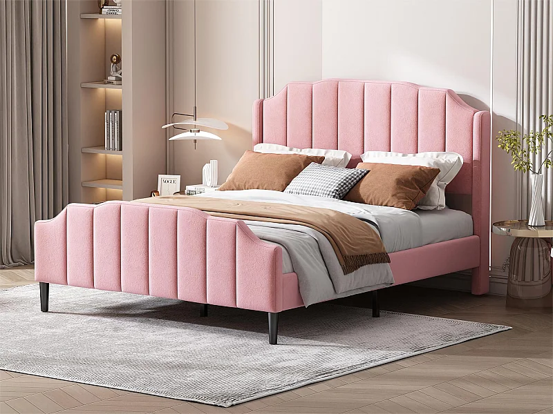 Bed met hoofdeinde - 140 x 200 cm - fluweel - inclusief bedbodem - kleur roze