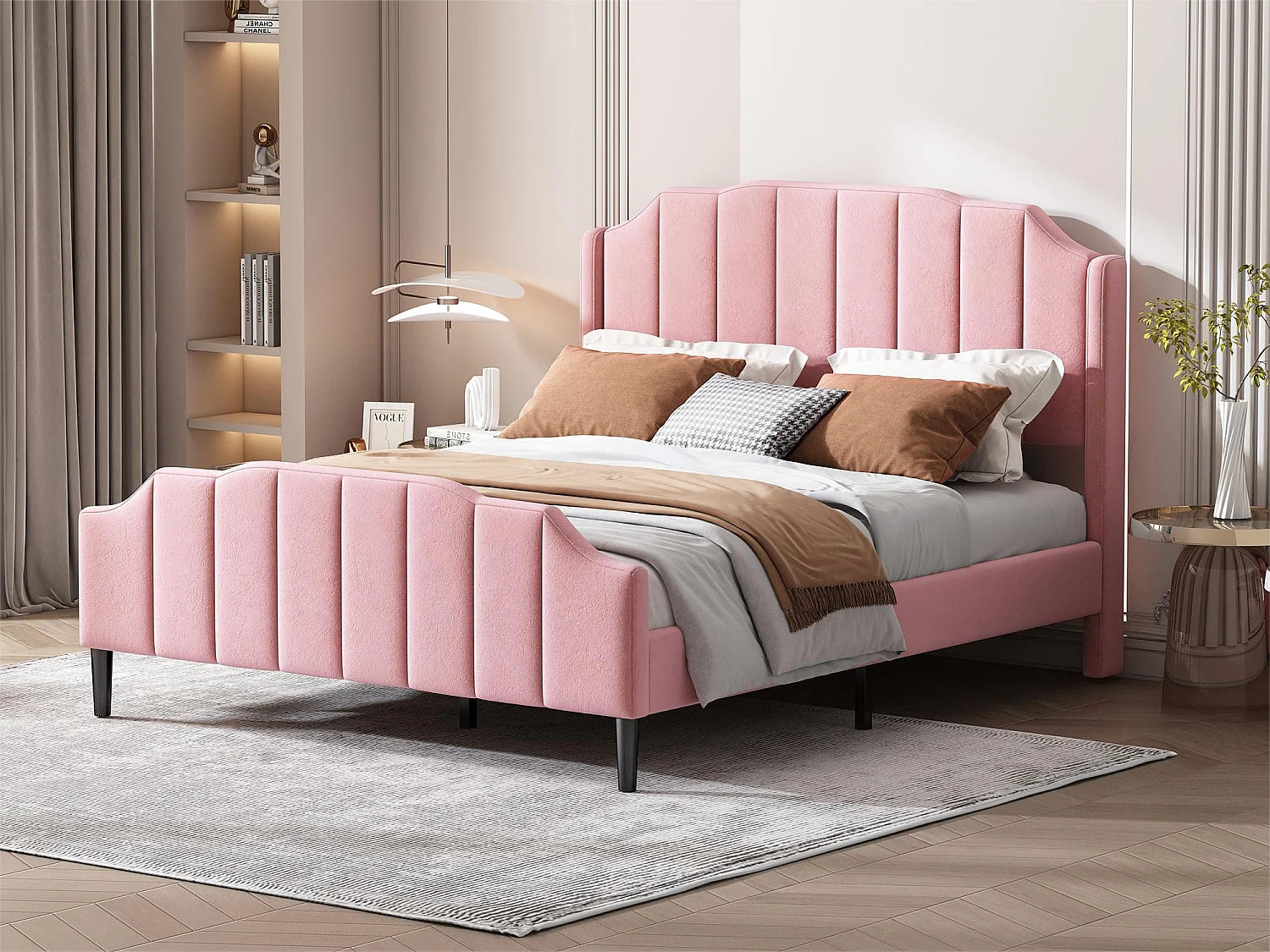 Bed met hoofdeinde - 140 x 200 cm - fluweel - inclusief bedbodem - kleur roze