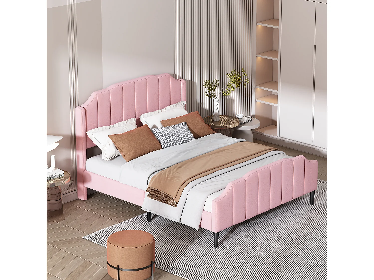 Bed met hoofdeinde - 140 x 200 cm - fluweel - inclusief bedbodem - kleur roze