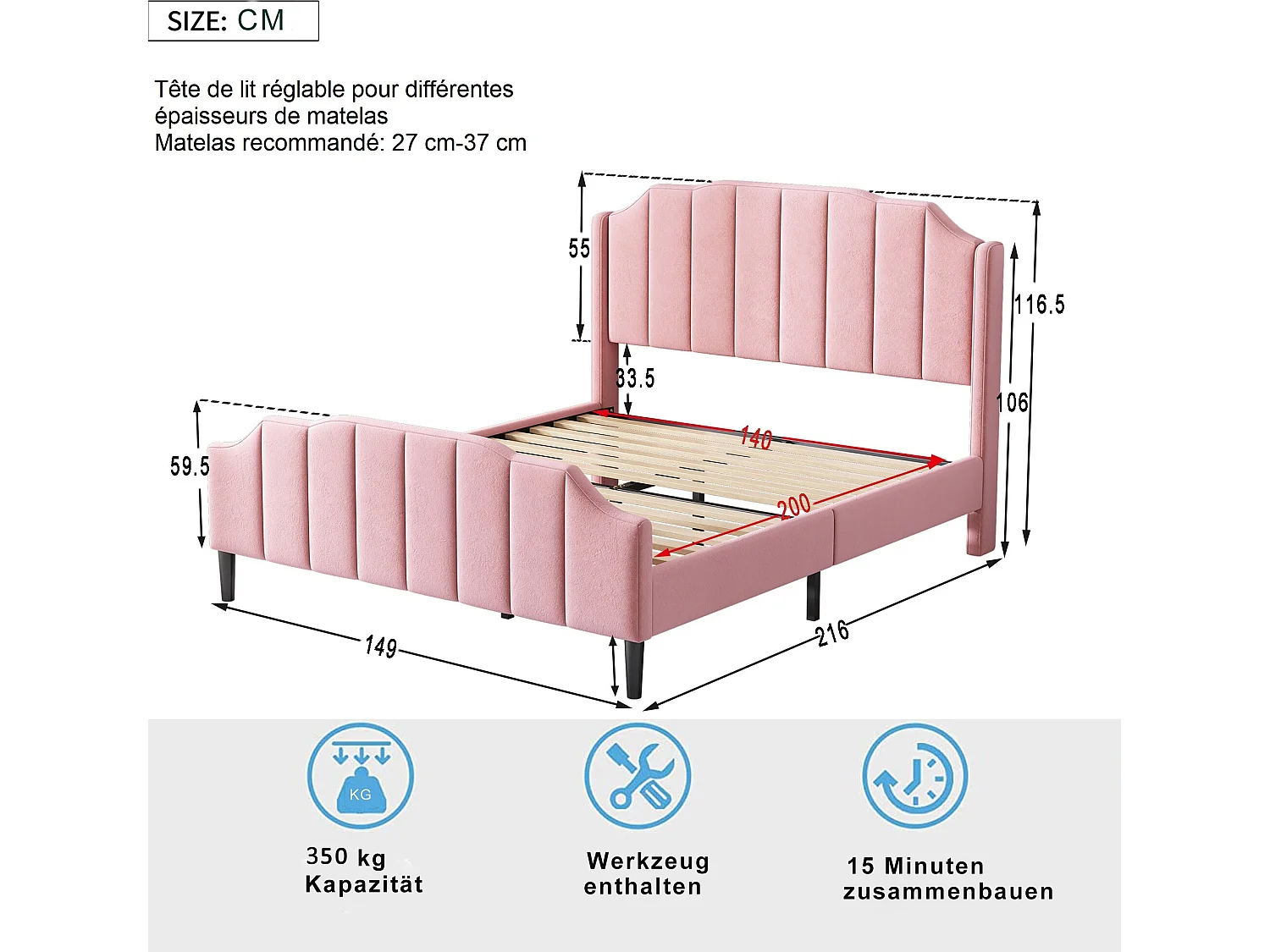Bed met hoofdeinde - 140 x 200 cm - fluweel - inclusief bedbodem - kleur roze