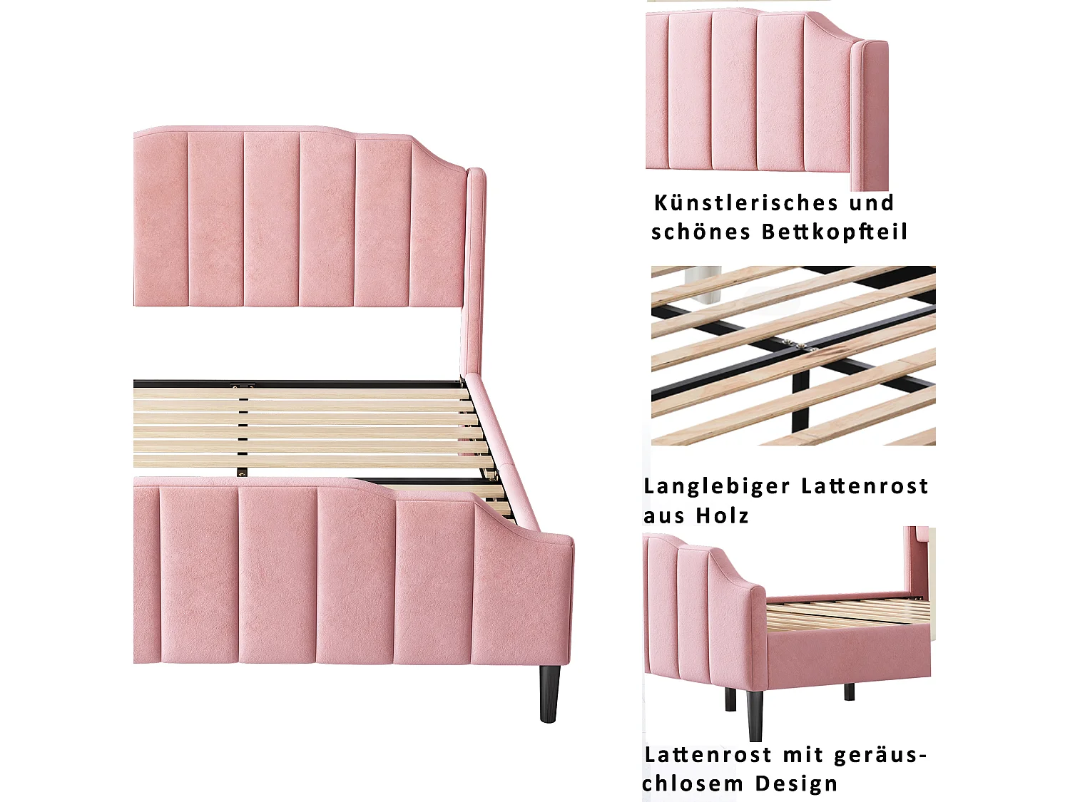 Bed met hoofdeinde - 140 x 200 cm - fluweel - inclusief bedbodem - kleur roze