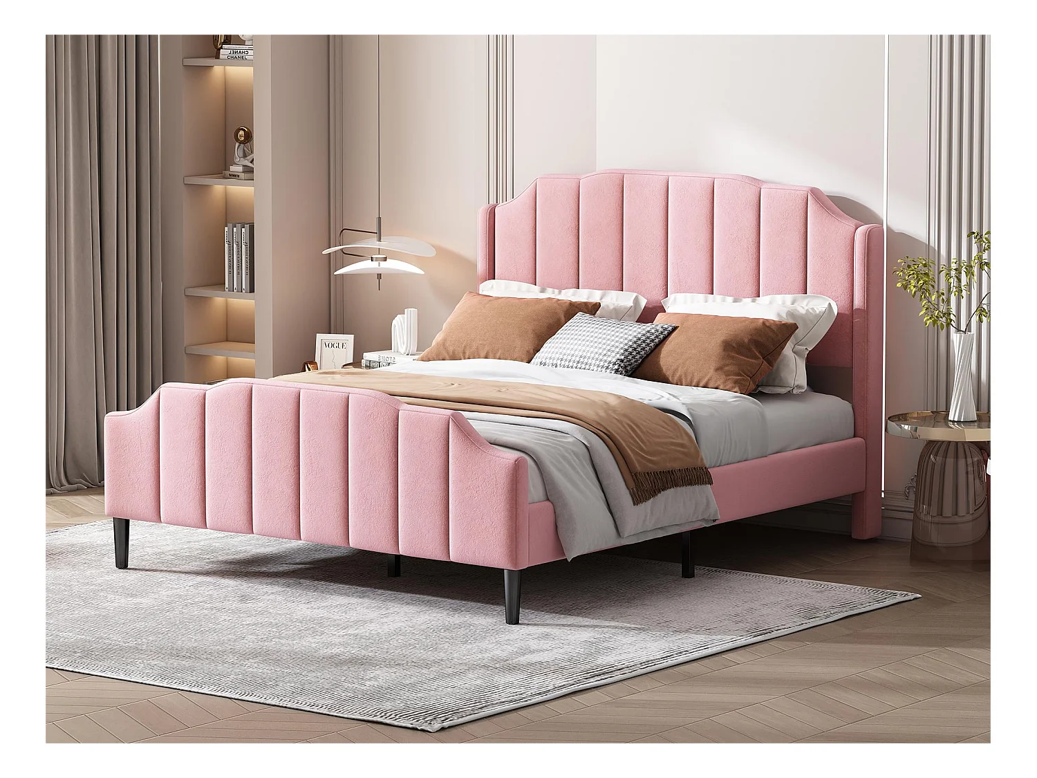 Lit avec tête de lit - 140 x 200 cm - velours - sommier inclus - coloris rose
