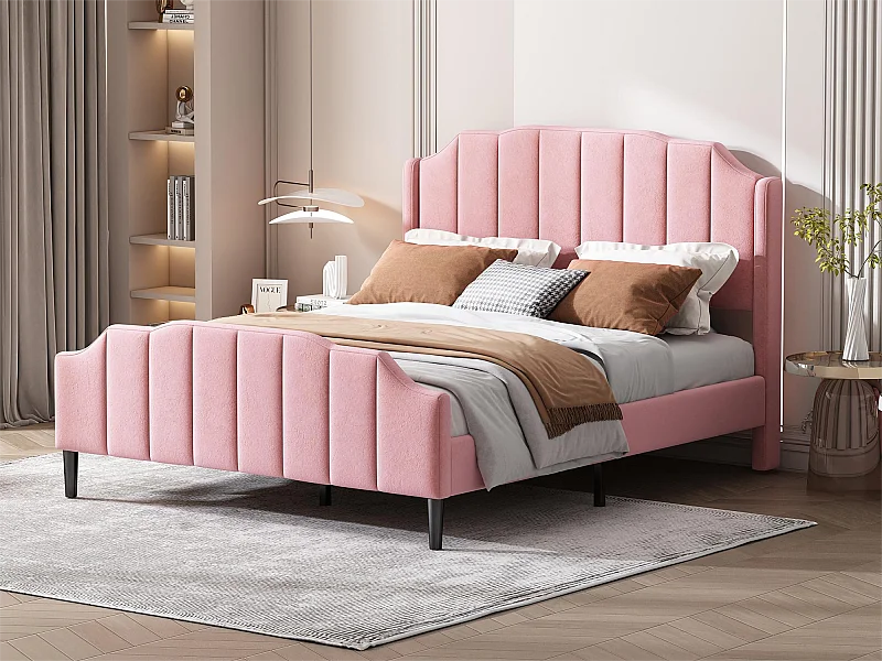 Lit avec tête de lit - 140 x 200 cm - velours - sommier inclus - coloris rose