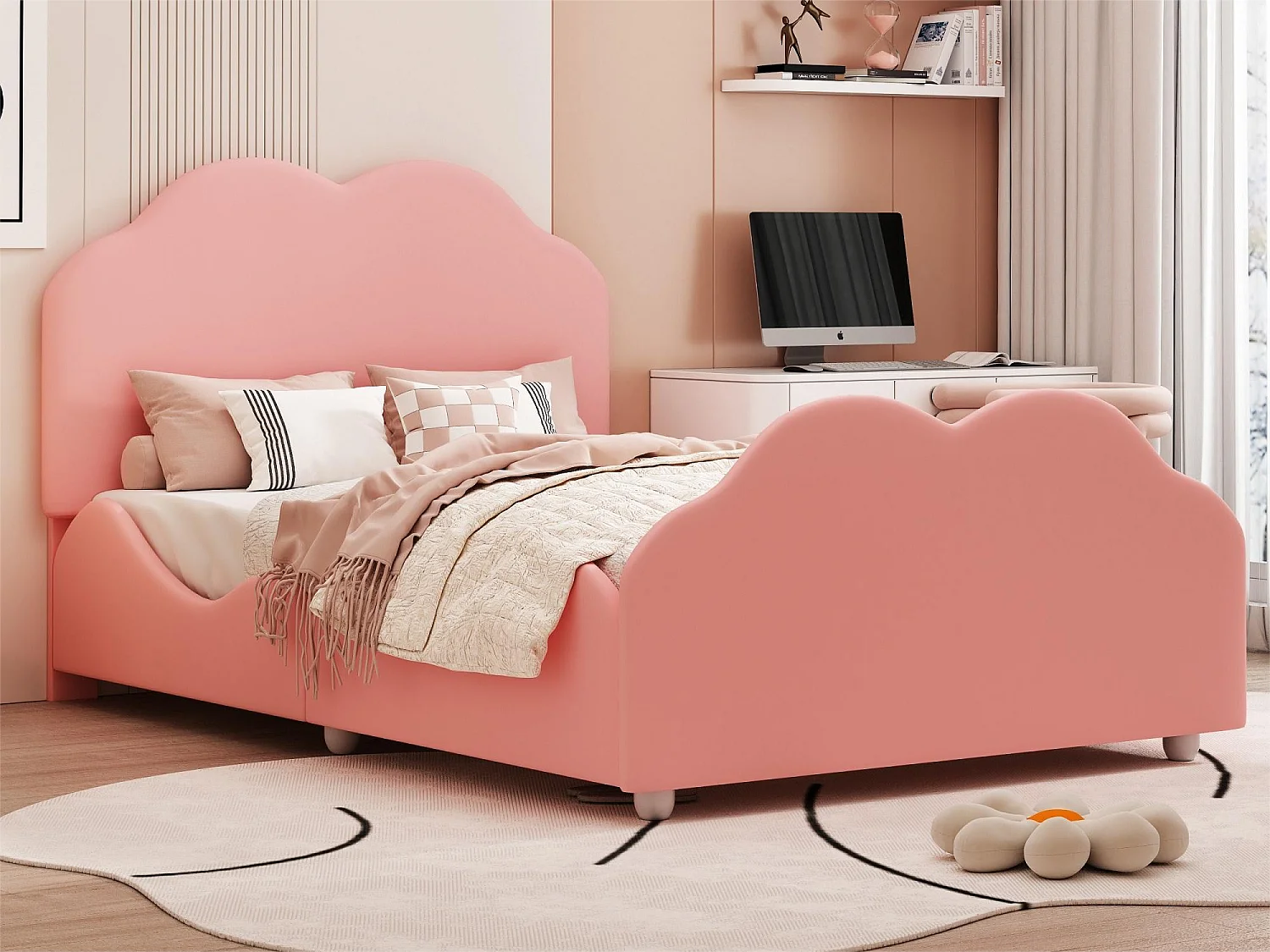 Bett mit wolkenförmigem Kopfteil 90 x 200 cm – Samt – für Kinder – rosa Farbe